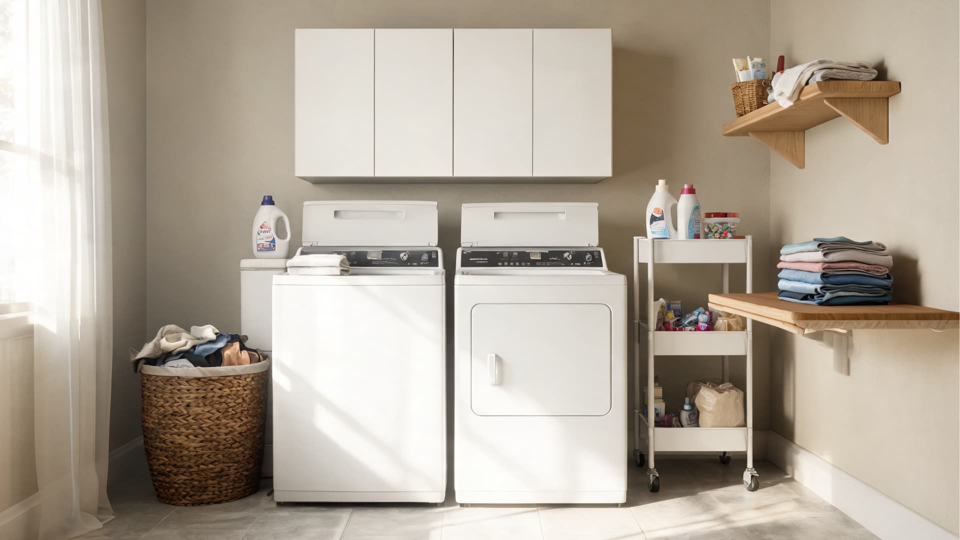 top-load laundry room with cabinets, rolling cart, hamper, folded clothes, and soft daylight.