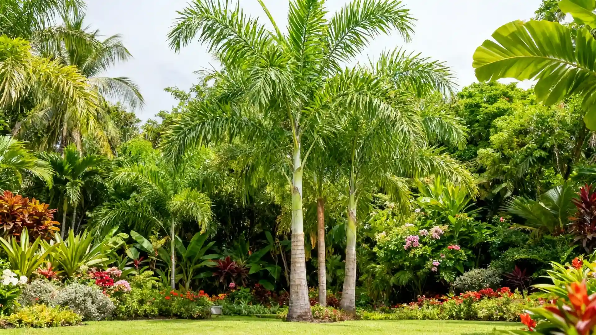 foxtail palm tree with full bushy fronds in a tropical setting