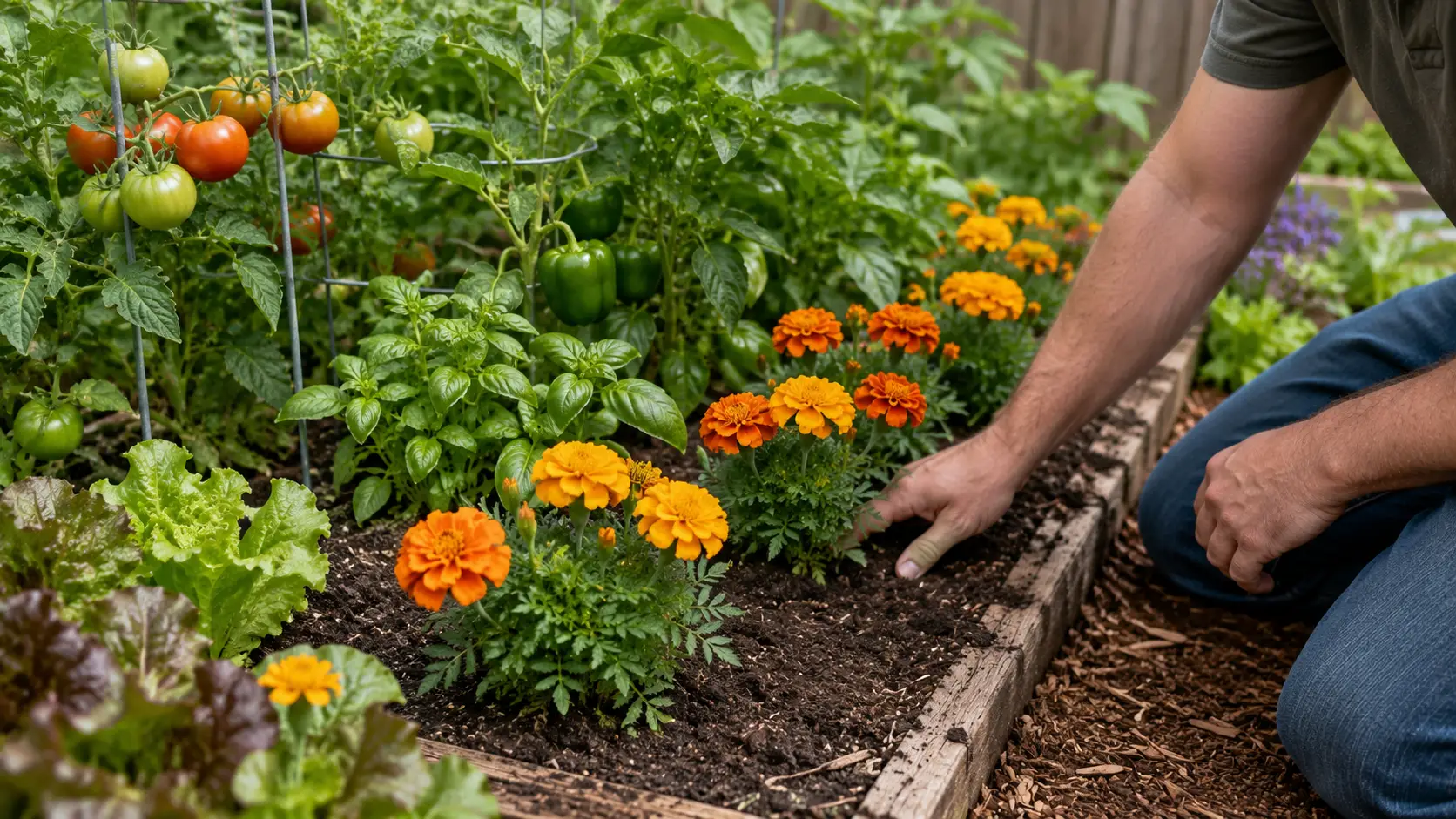 french marigolds growing beside vegetables in a sunny garden bed as part of companion planting