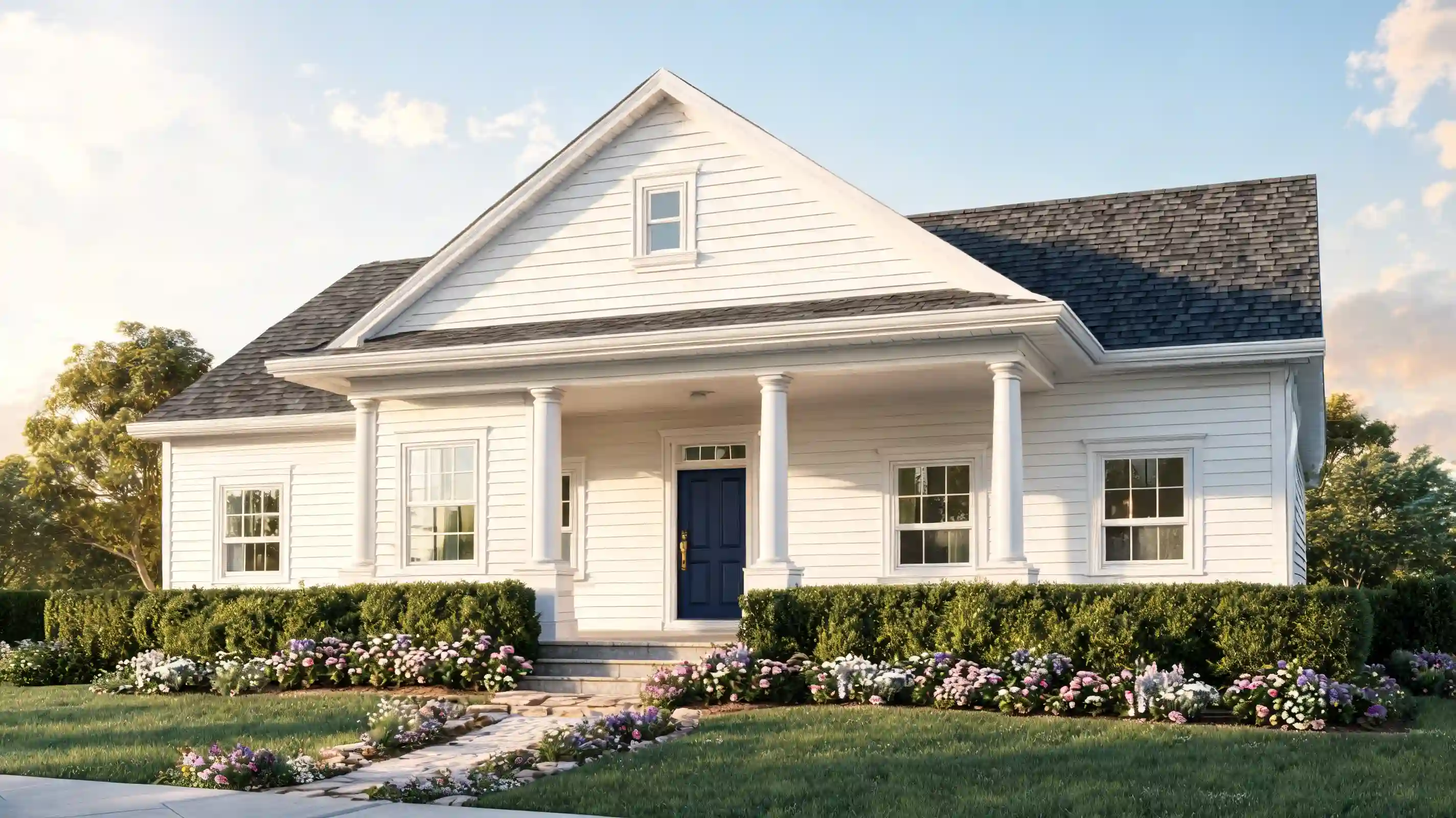 fresh warm white house exterior with porch columns clean trim and deep accent door