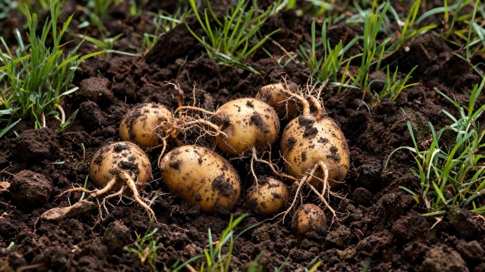 when to harvest potatoes freshly dug young potatoes with roots and soil in a garden bed outdoors