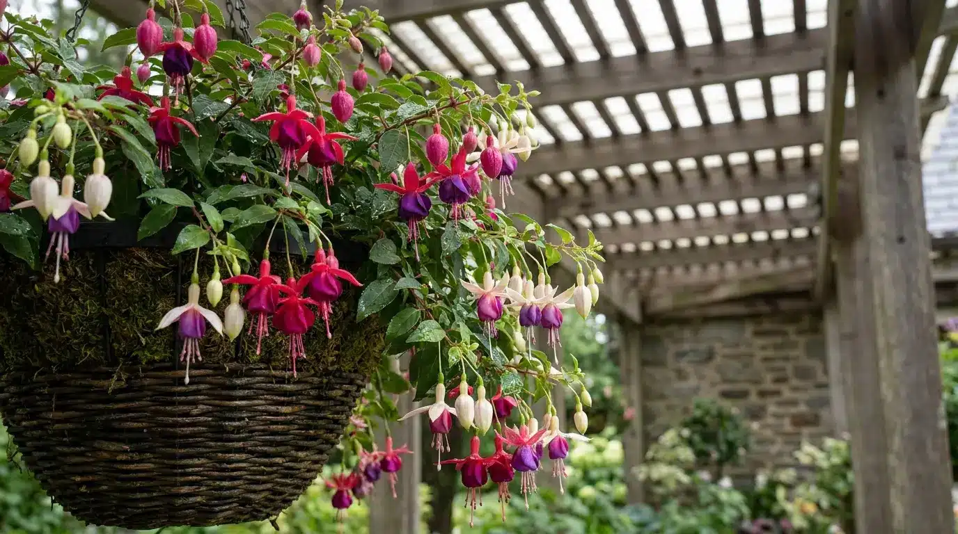 fuchsia flowers hanging from a shaded porch basket with dangling blooms and green leaves
