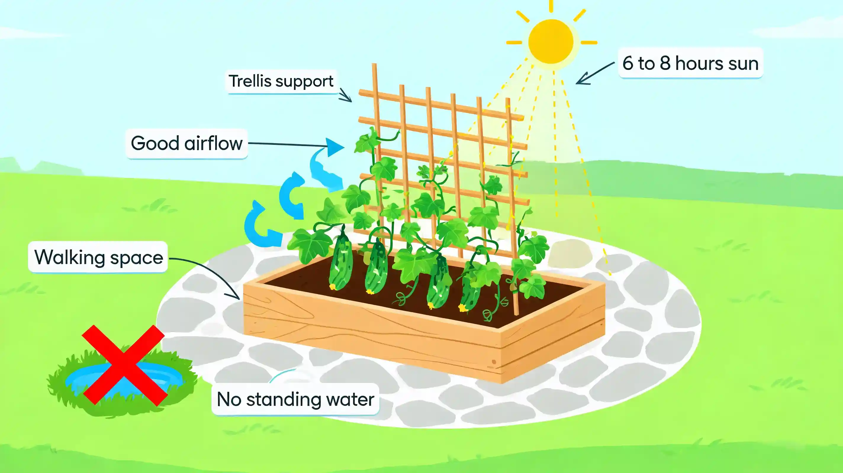 garden spot infographic showing sun trellis airflow walking space and no standing water