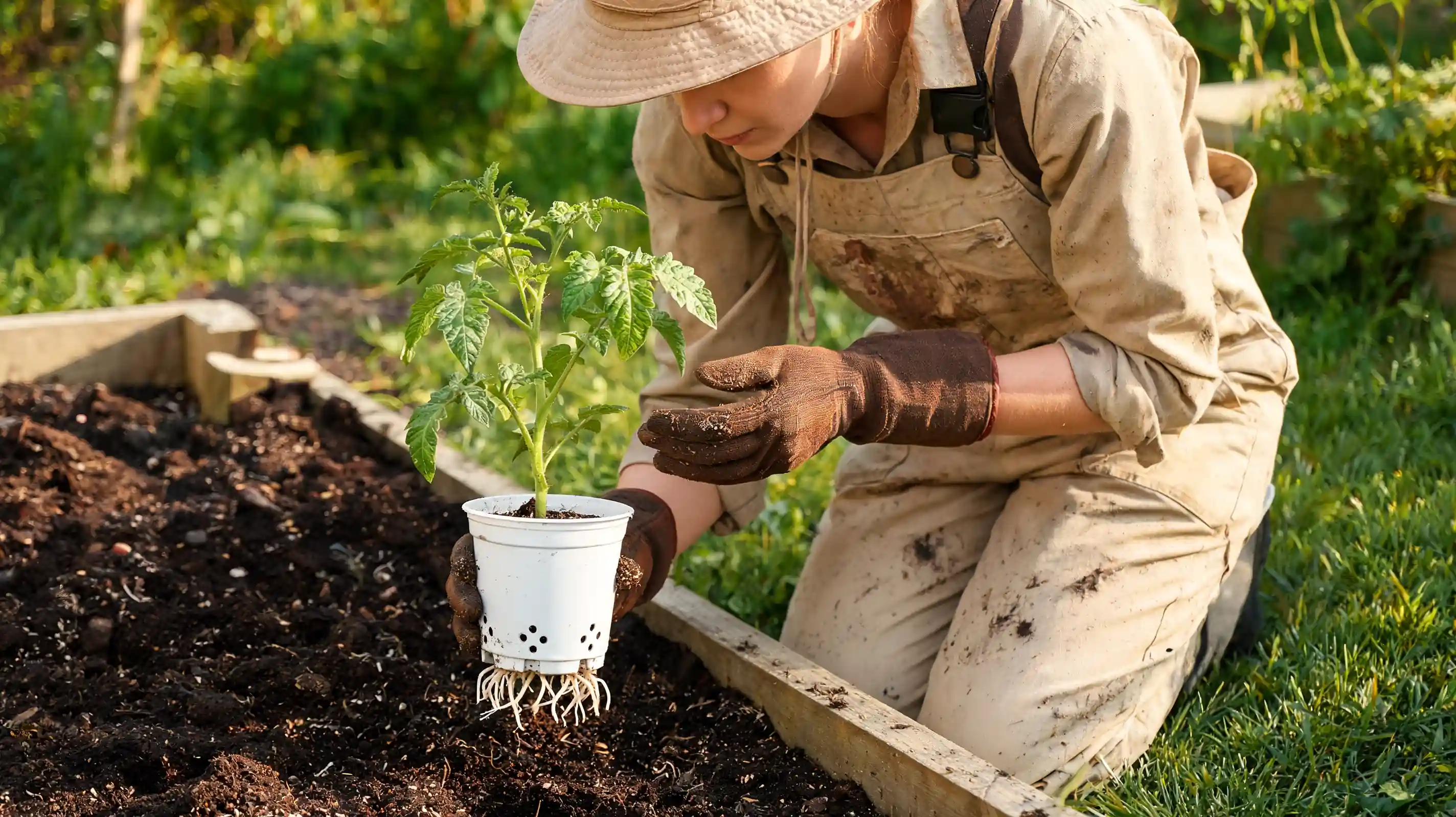 gardener checking tomato seedling size stem strength leaves and roots before outdoor planting