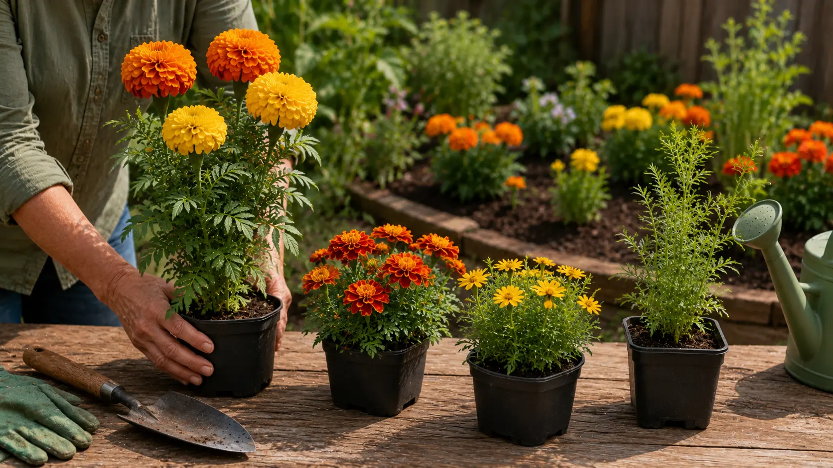 gardener choosing different marigold types for beds borders pots and herb-style garden planting