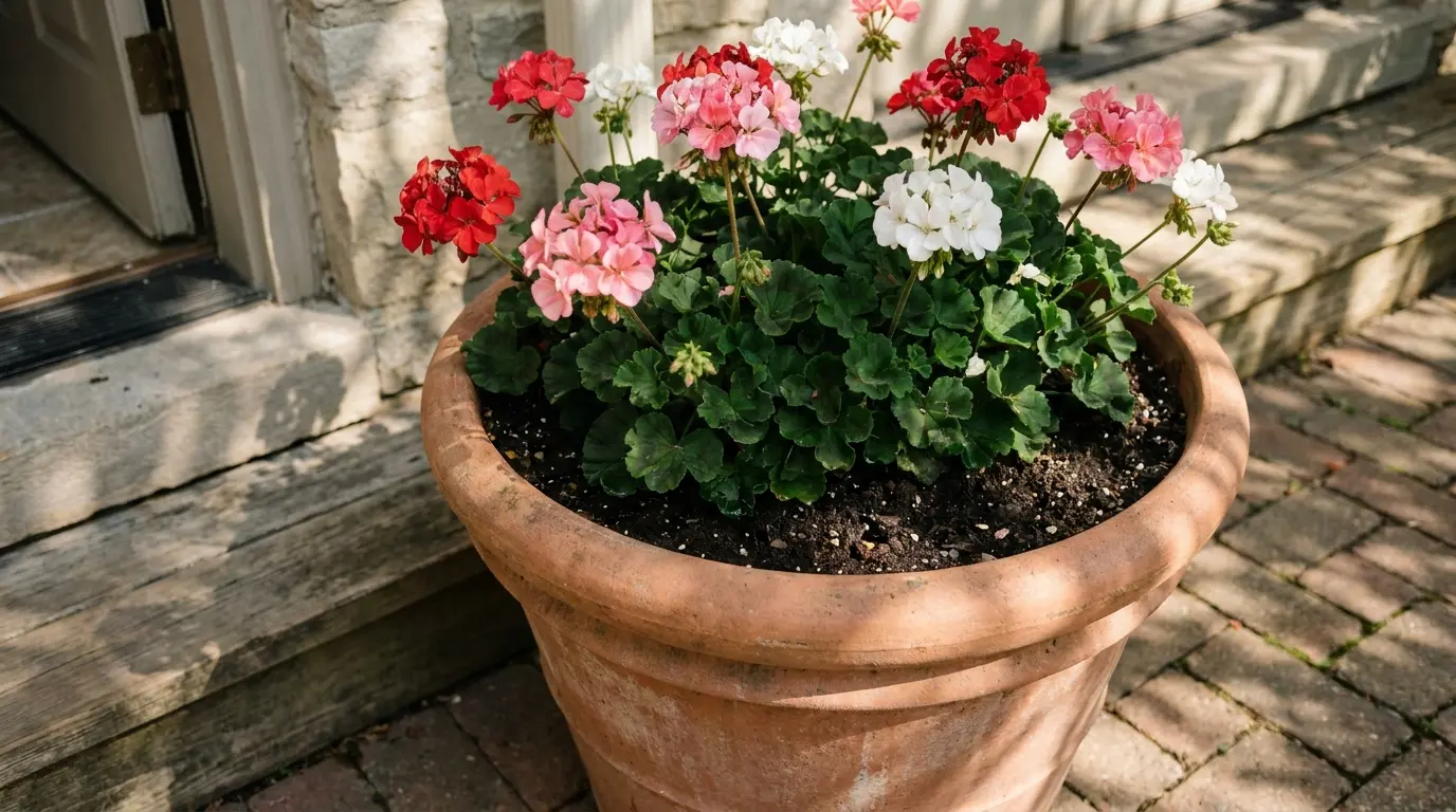 geraniums blooming in a sunny porch planter with rounded flowers and healthy green leaves