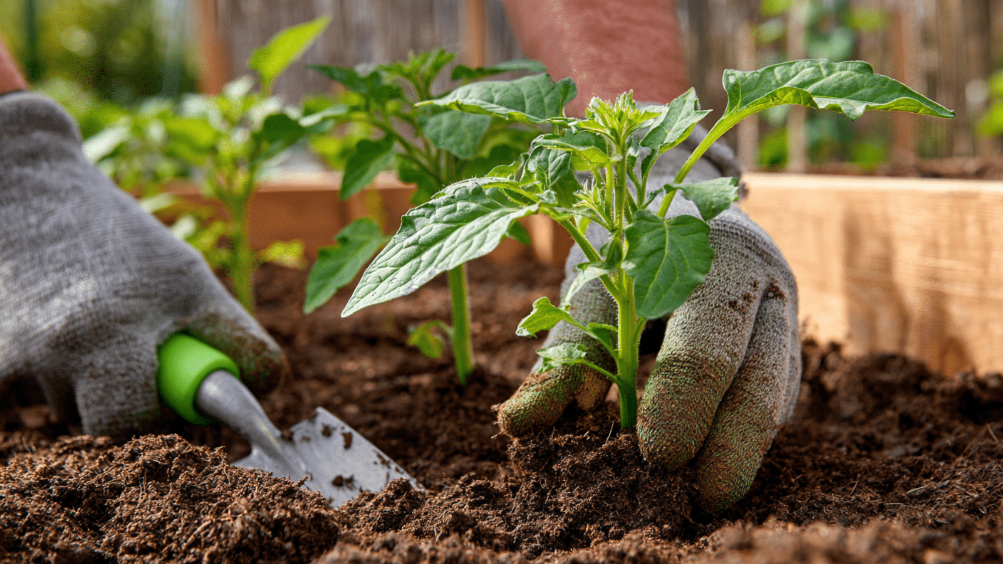 gloved hands planting healthy green seedlings in rich soil with a garden trowel in a raised outdoor bed