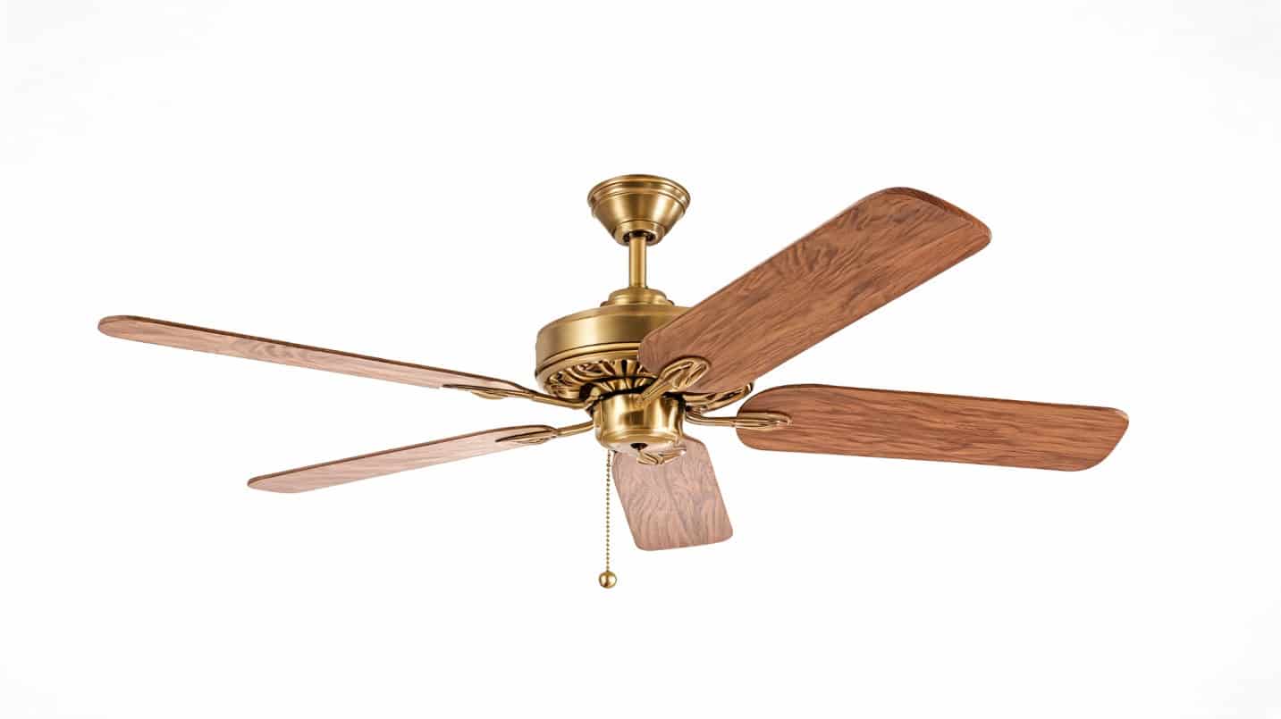 golden ceiling fan with brown wooden wings