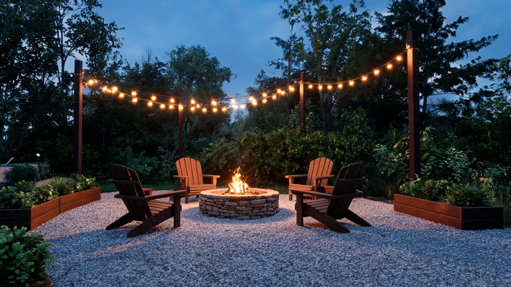 gravel fire pit area with wooden chairs string lights planter boxes and trees