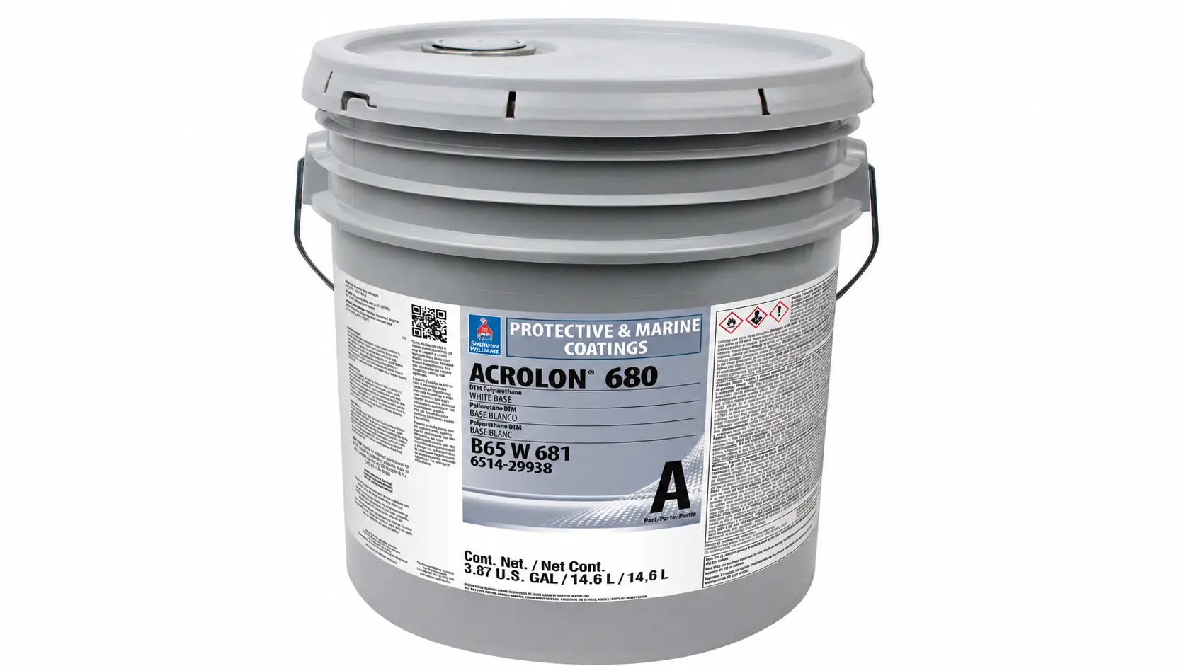 gray acrolon 680 protective marine coatings bucket centered on a clean white studio background