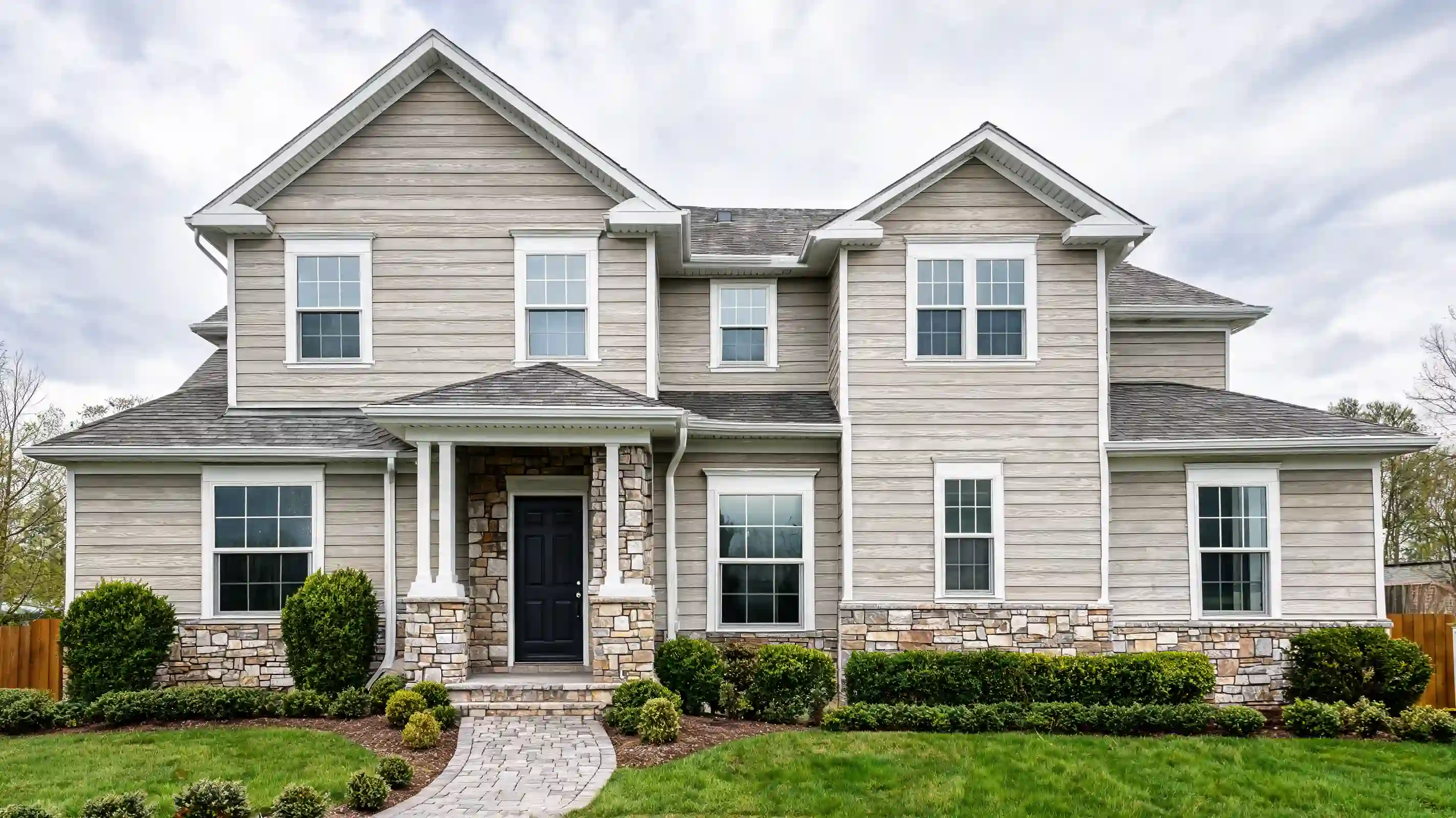 greige home exterior with stone accents white trim and dark front door in soft daylight (1)