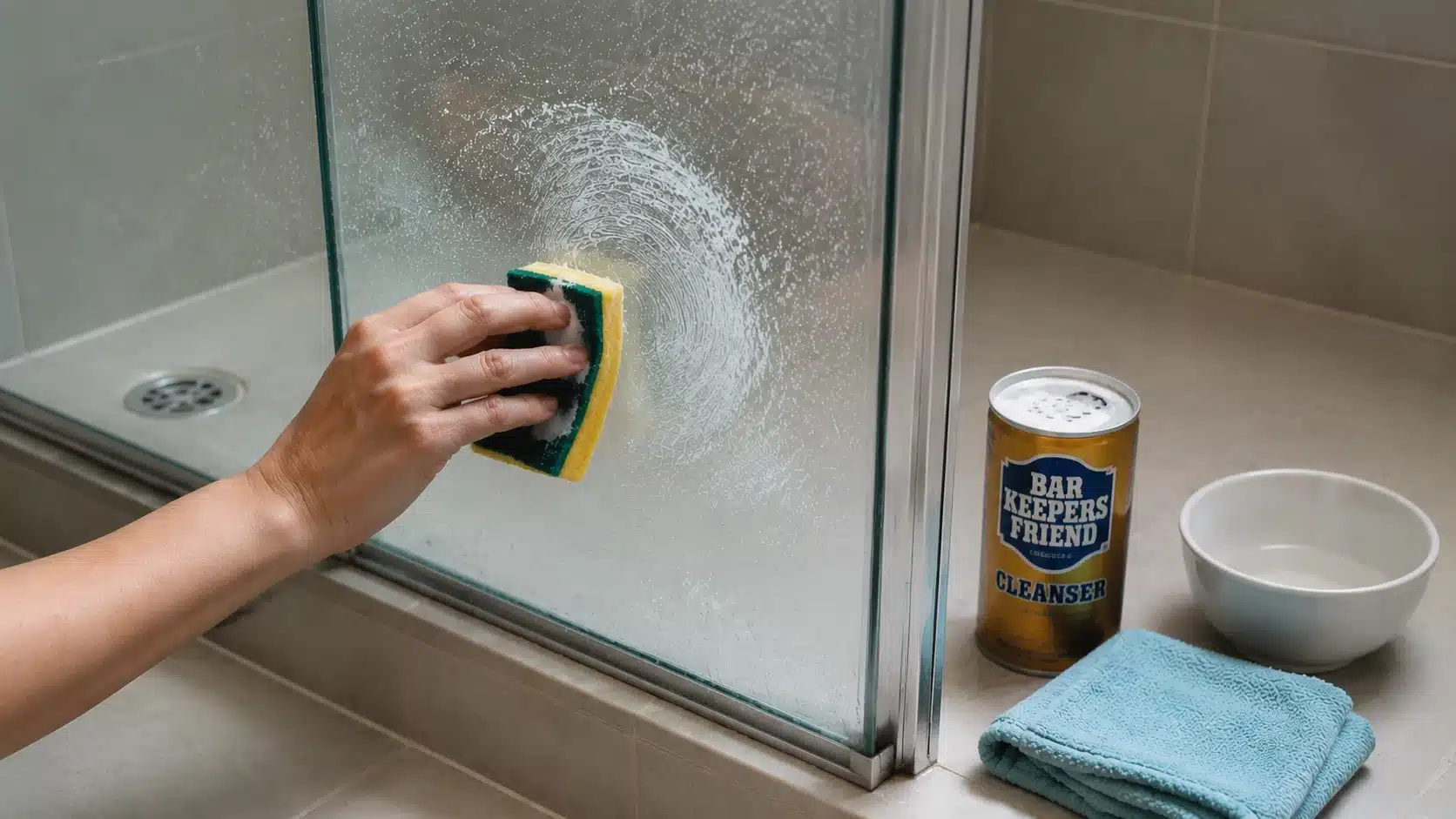 hand cleaning heavy buildup from shower glass