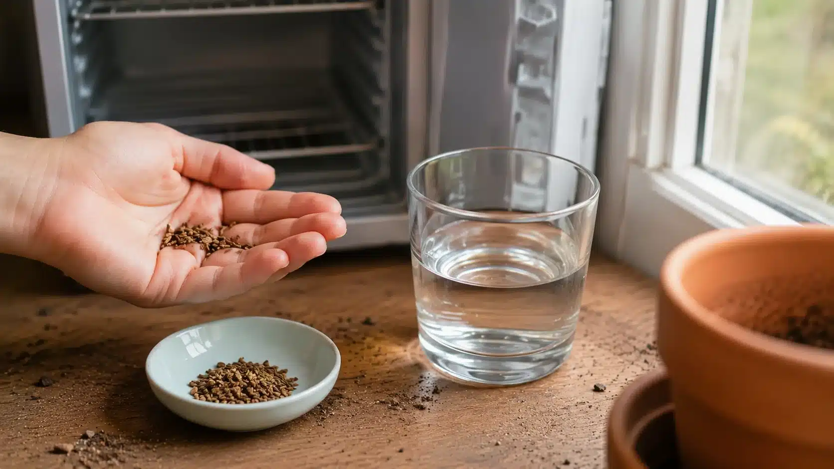 a hand holds catnip seeds beside a water glass and small seed bowl indoors