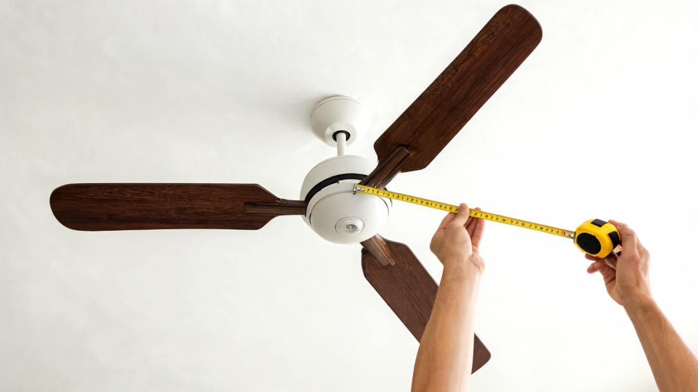 Hand holding measuring tape across fan blades of brown ceiling fan