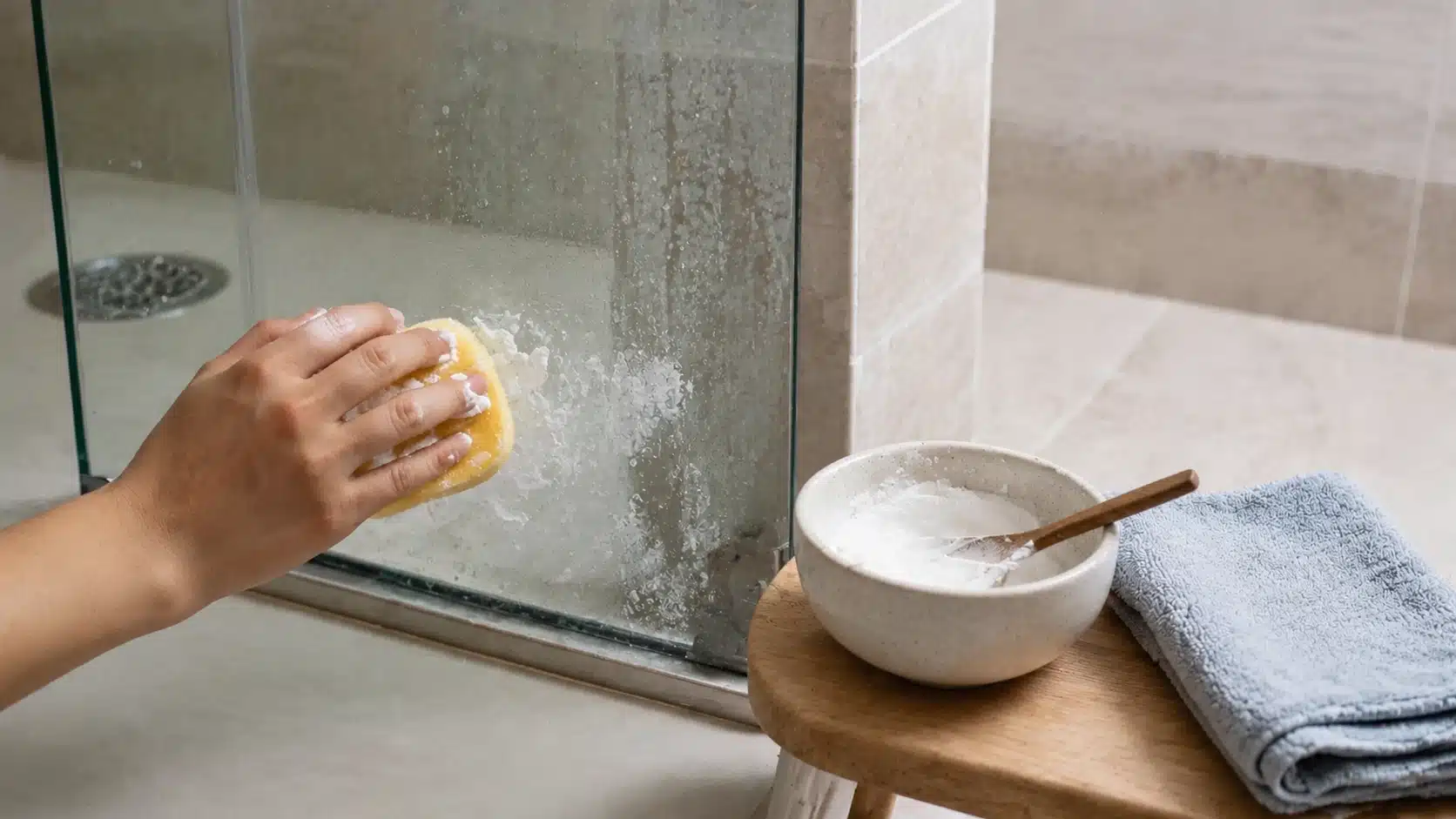 Hand scrubbing shower glass with baking soda paste