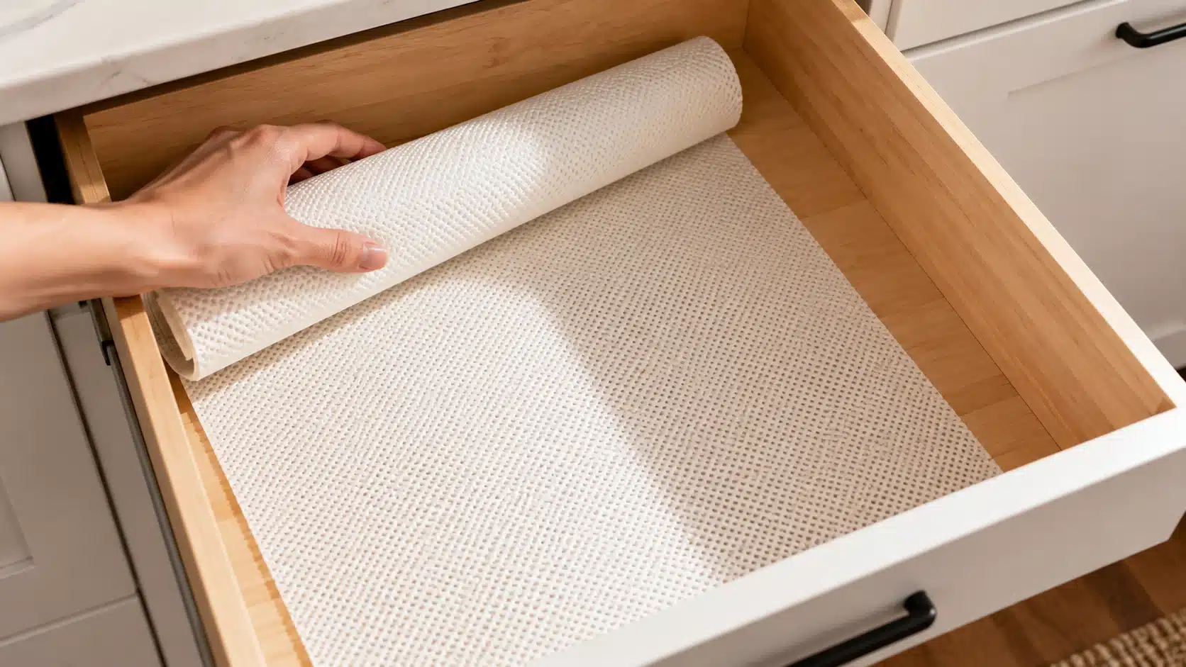 hand unrolls white drawer liner inside an empty wooden kitchen drawer with white cabinet front and black handle