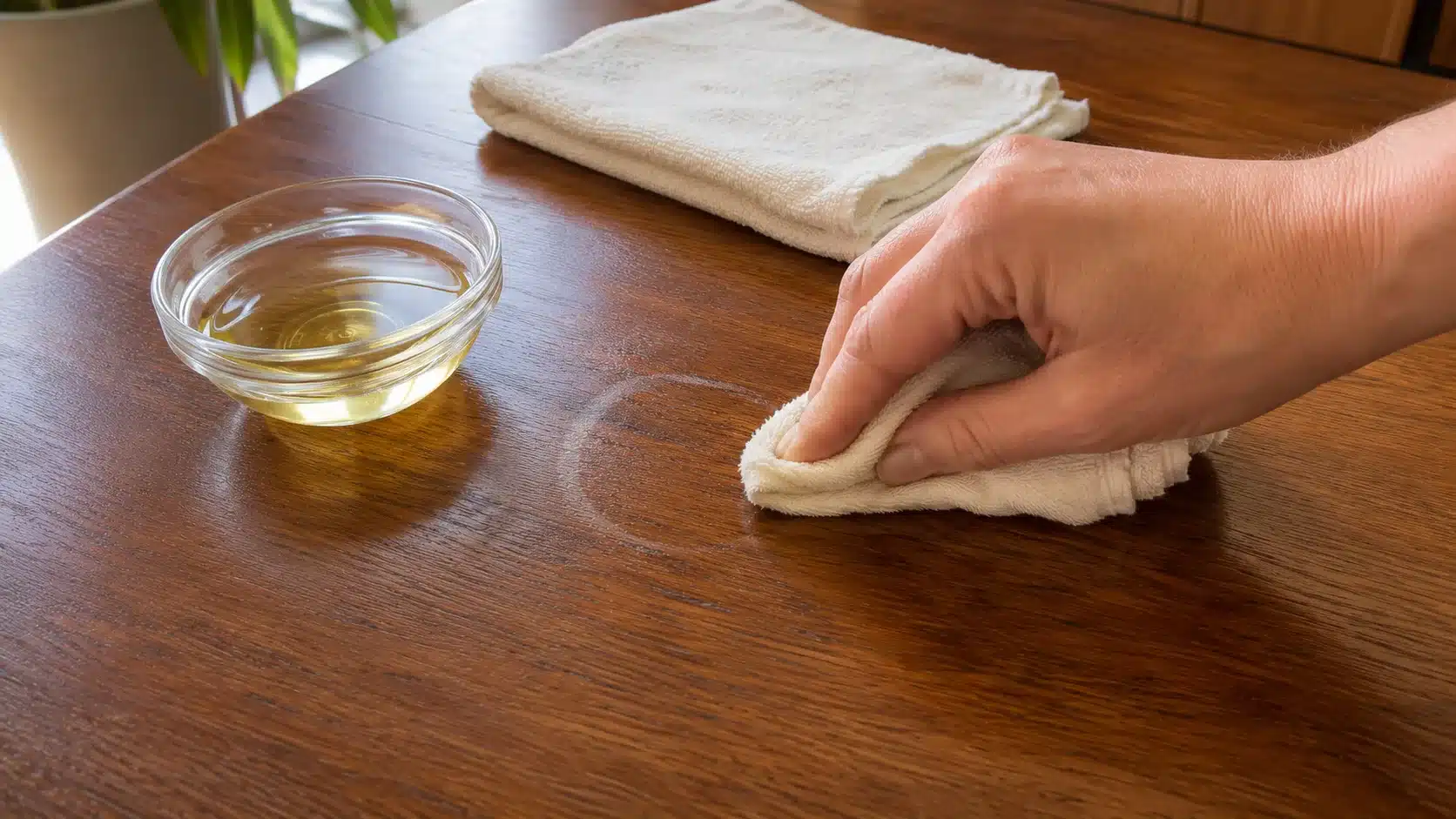 hand wiping wood table with cloth and oil to demonstrate how to remove water stains from wood safely at home