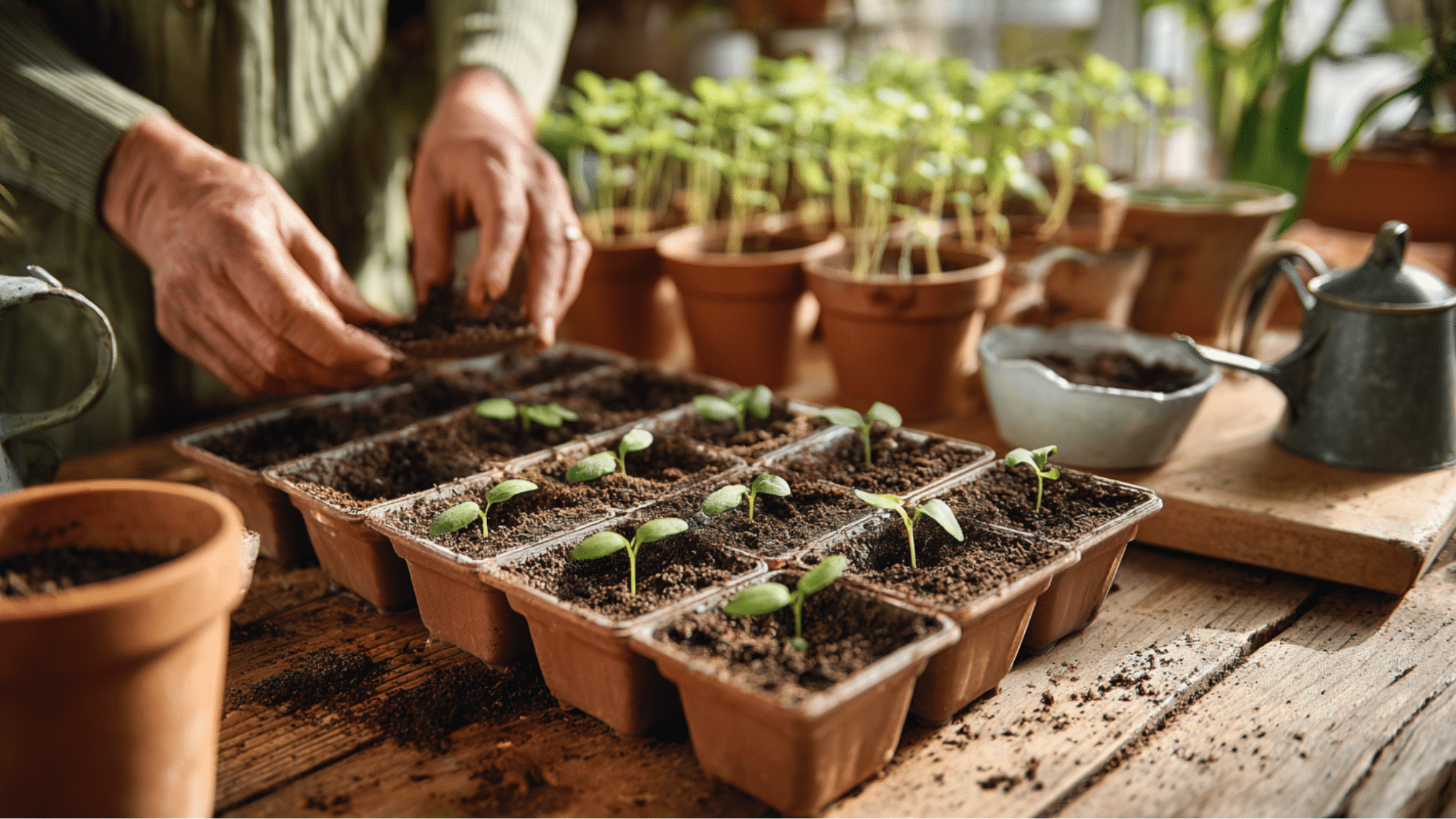 hands planting young seedlings in soil trays on a wooden table with pots and watering cans in warm sunlight