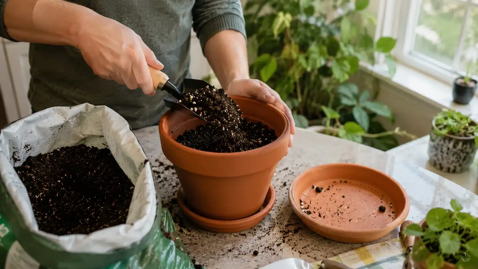 hands fill a terracotta planter with fresh potting mix beside a bright kitchen window