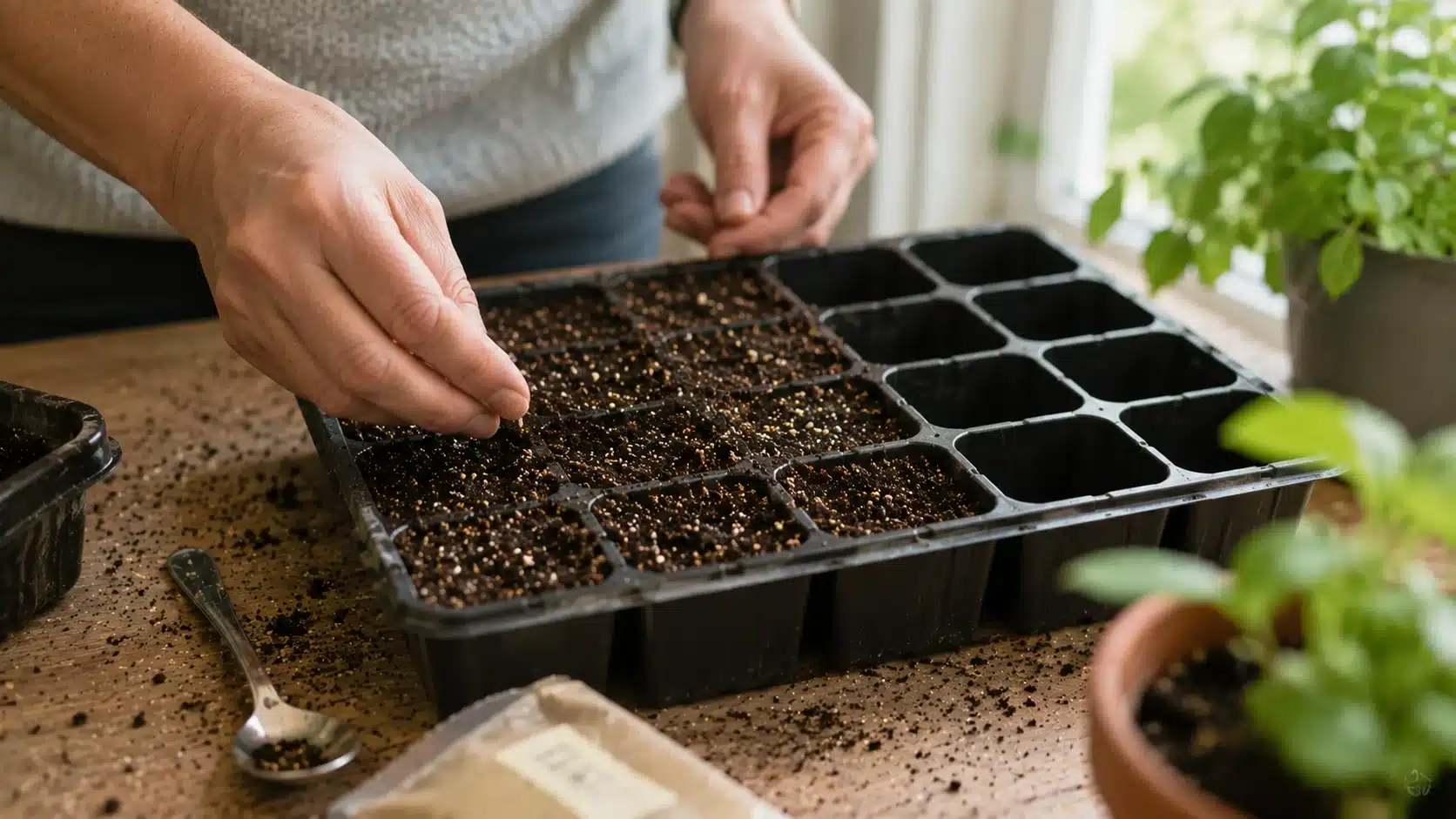 hands place small seeds into a tray of moist potting mix near a sunny window