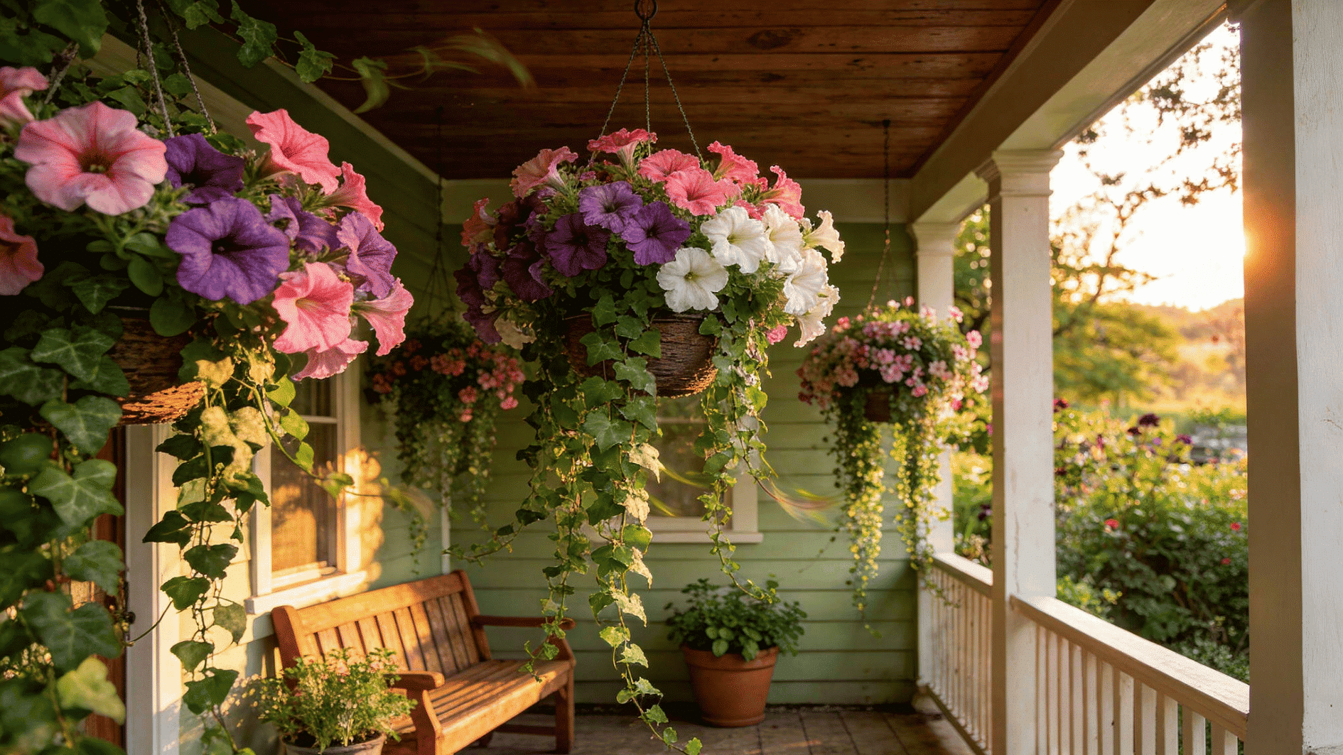 hanging flower baskets with colorful petunias and trailing ivy decorating cozy porch during warm sunset light