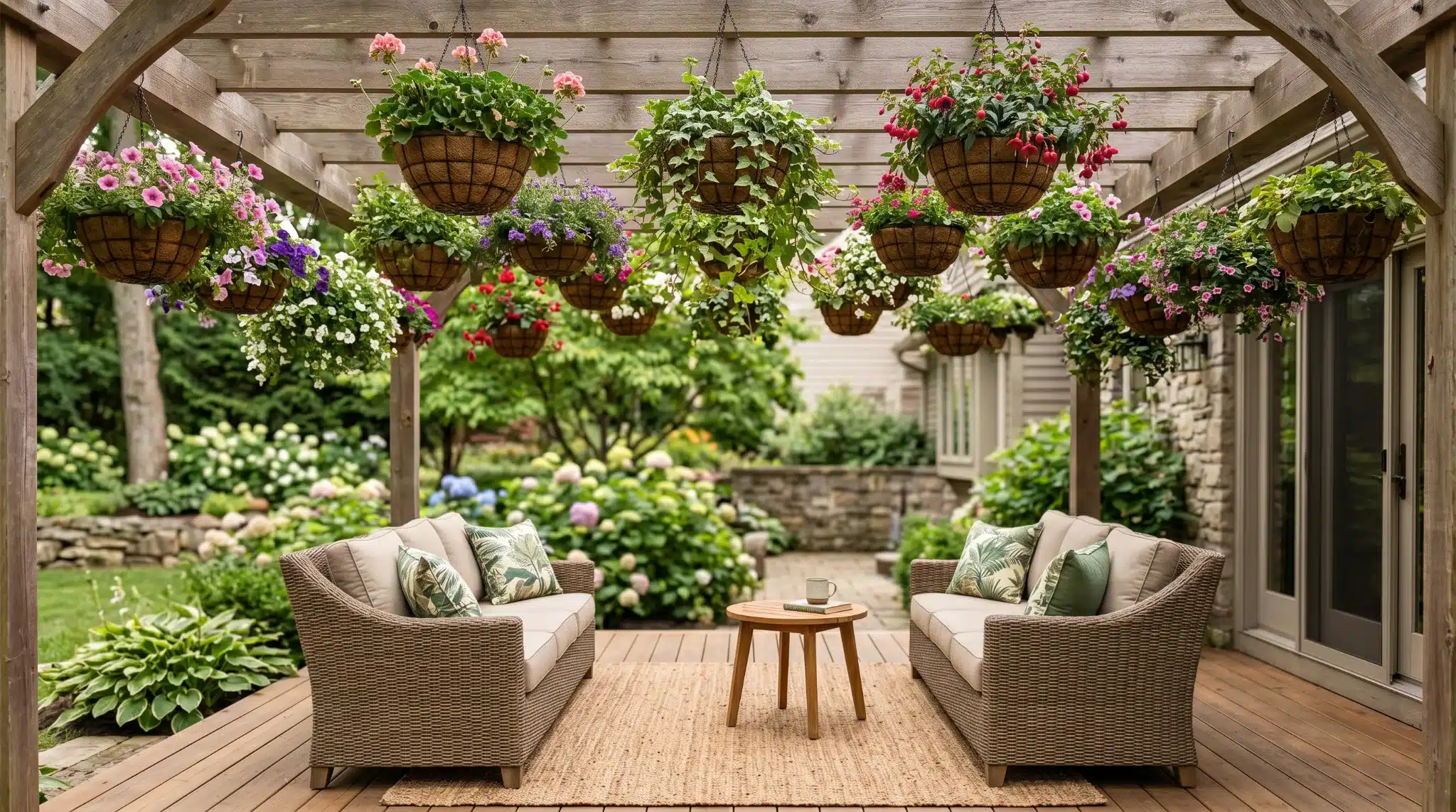 hanging planters above seating area
