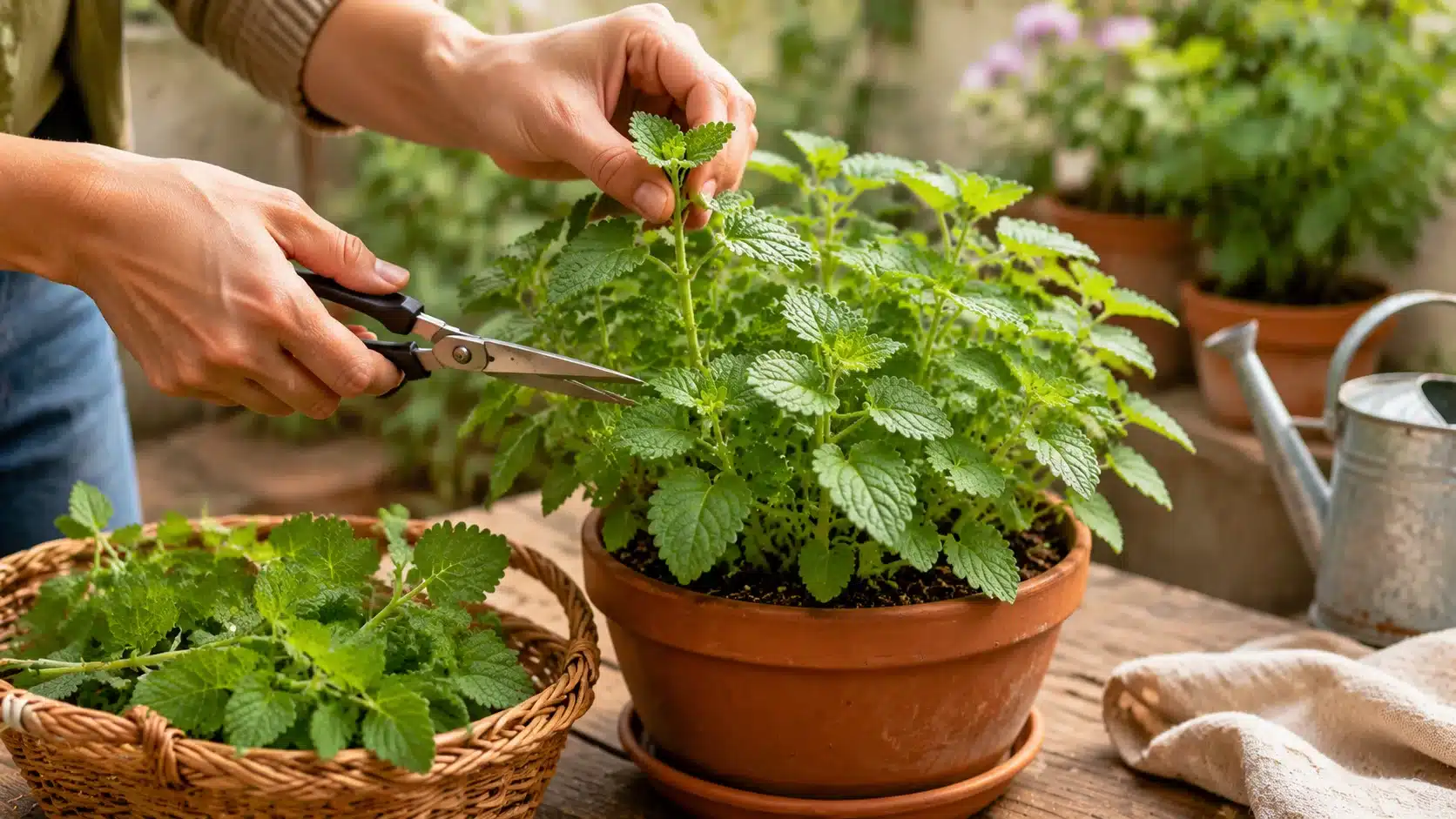 person using scissors to trim healthy green catnip leaves in a terracotta pot indoors
