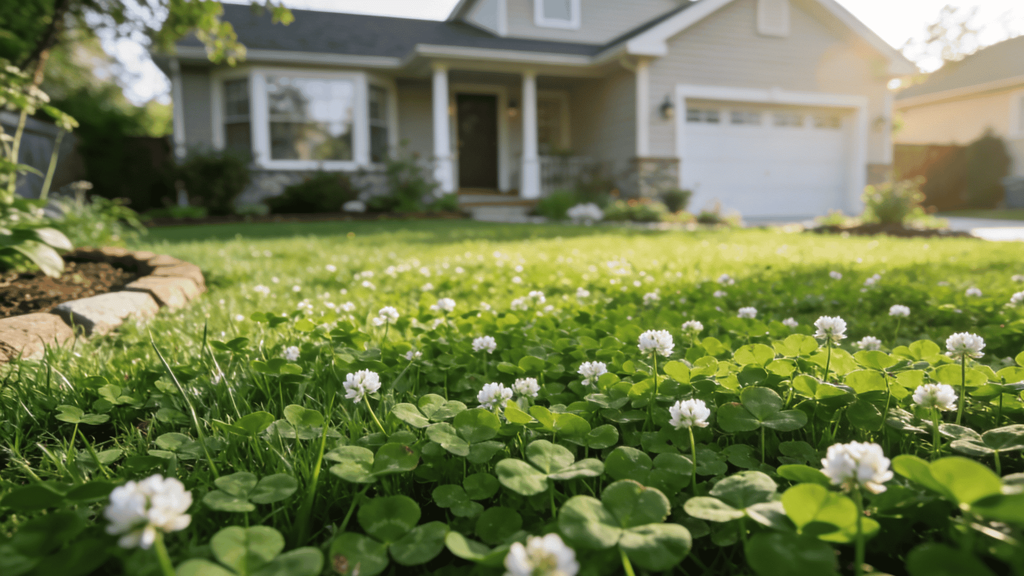 healthy clover lawn with white flowers growing in a modern suburban backyard during golden hour sunlight