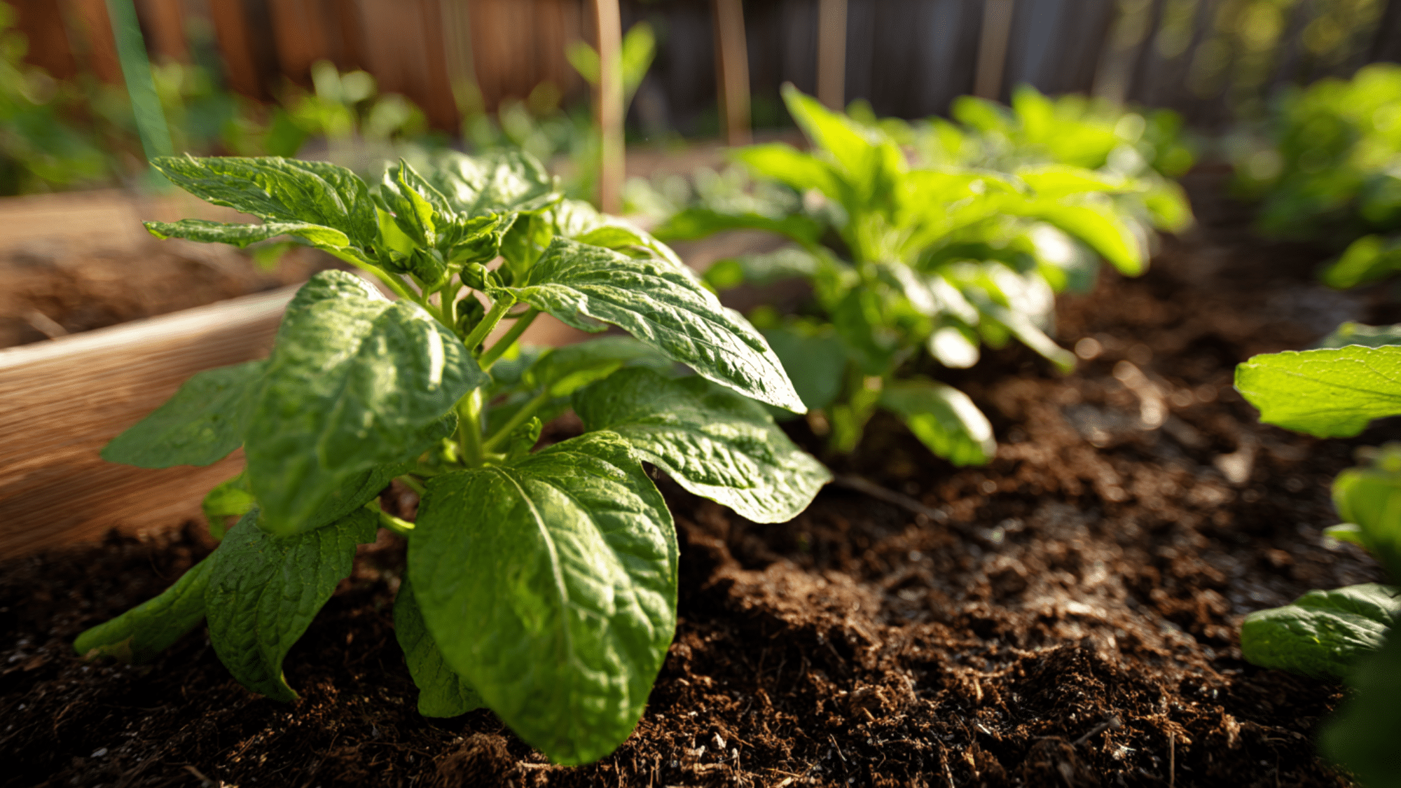 healthy green vegetable plants growing in rich soil inside a raised garden bed under warm natural sunlight outdoors