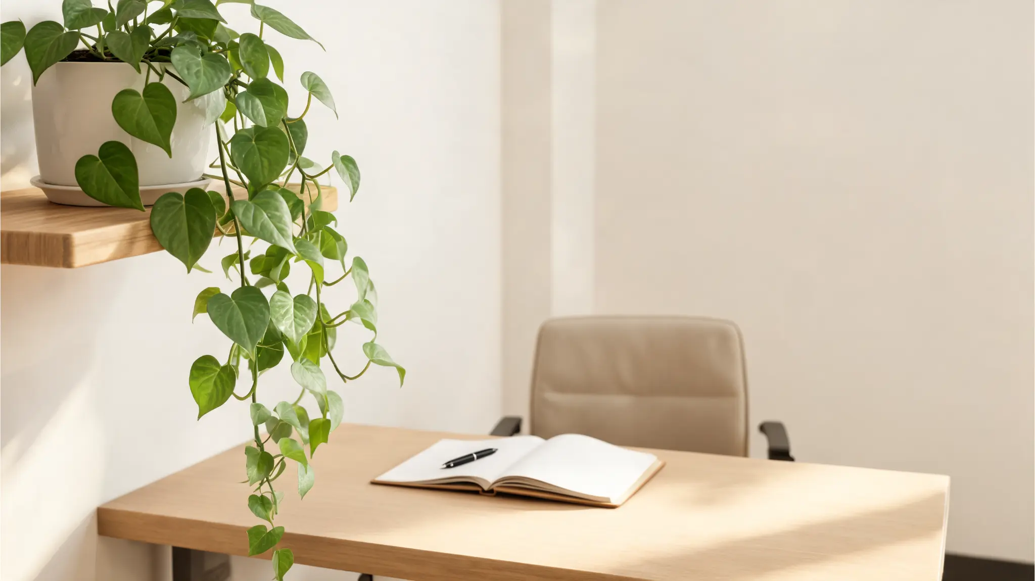 heartleaf philodendron trailing from a shelf in a calm office workspace