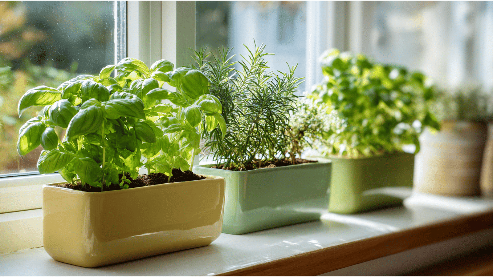 herb container garden on wooden kitchen shelf with basil rosemary and fresh vegetables glowing in warm sunlight