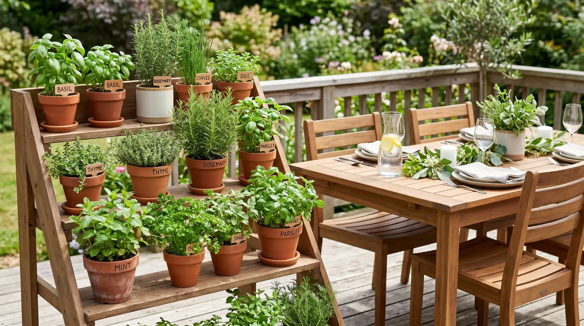 herb planters near an outdoor dining area
