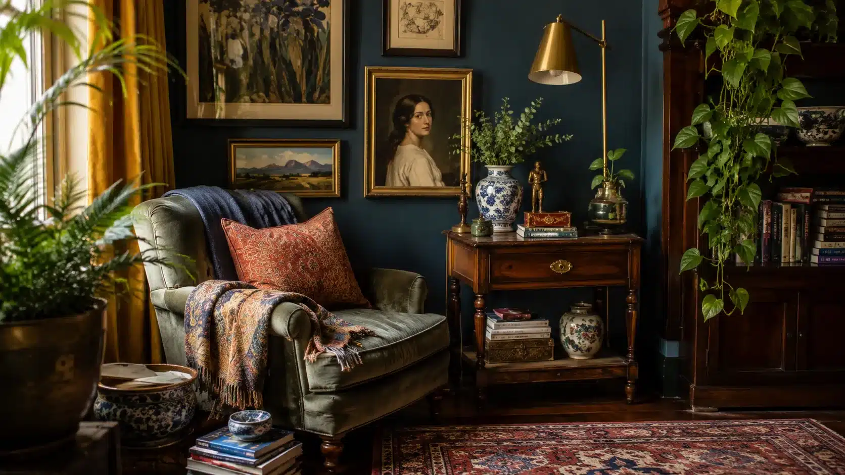 heritage maximalist corner with vintage table, modern lamp, framed art, and patterned cushion