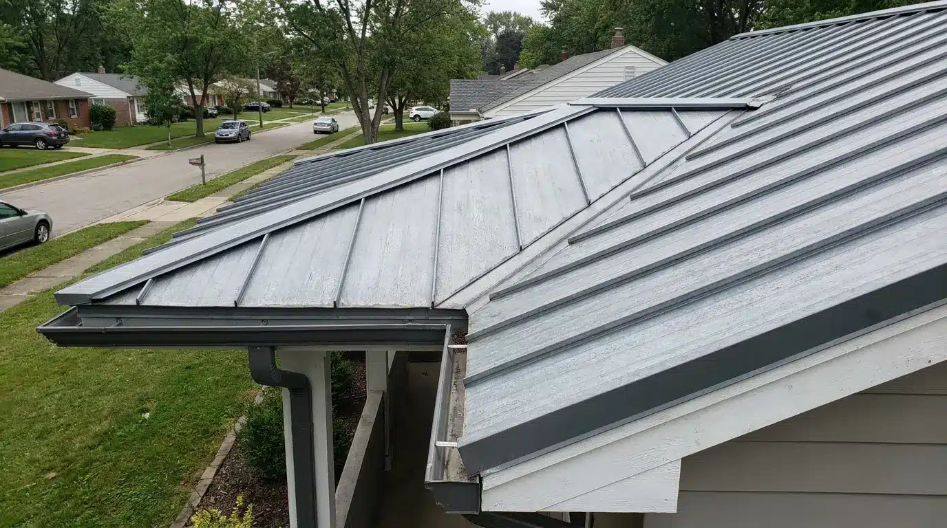 how long do metal roofs last with gray steel roof panels on a suburban home exterior