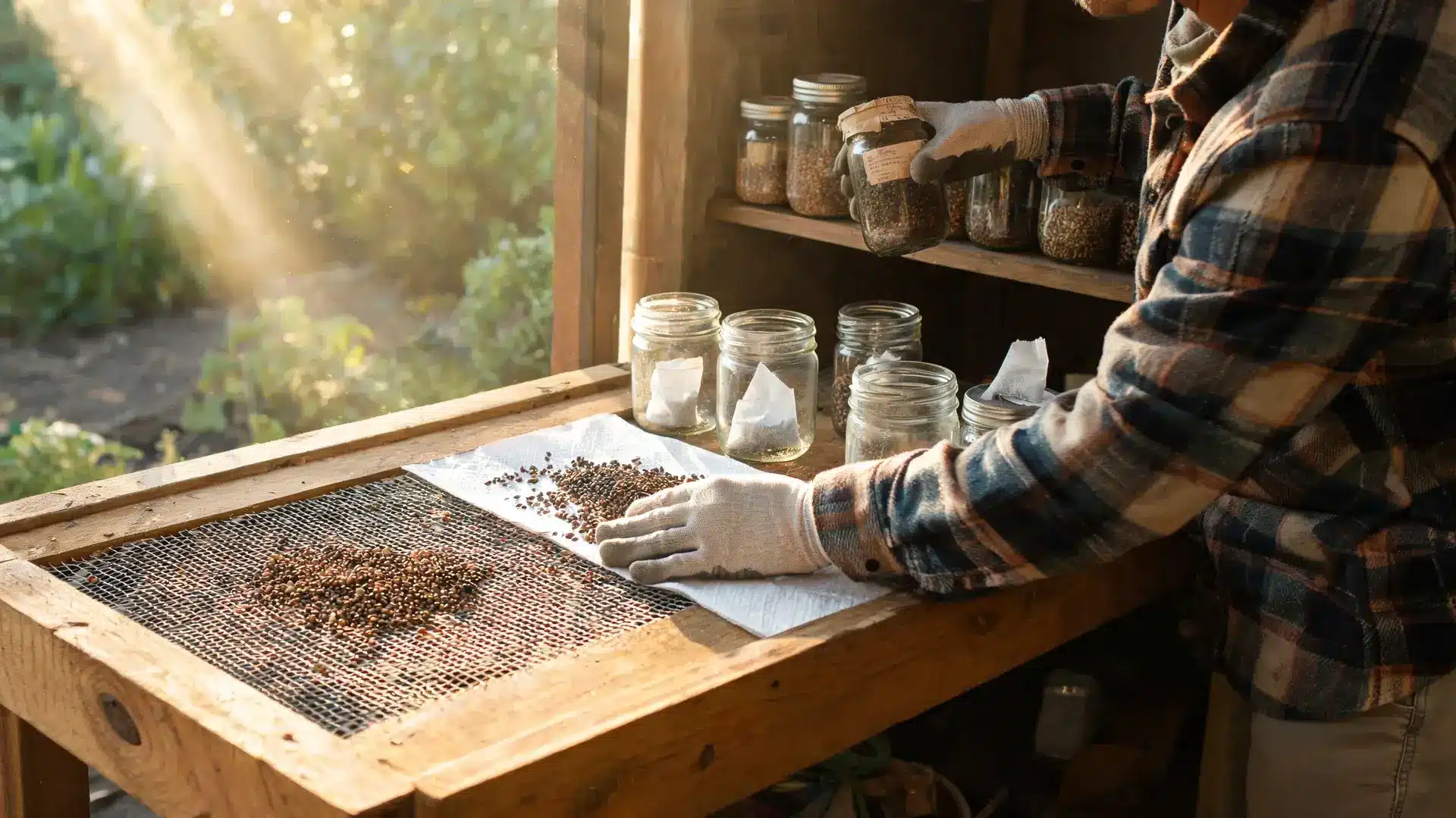 gardener drying harvested seeds and organizing storage containers for long-term preservation and viability