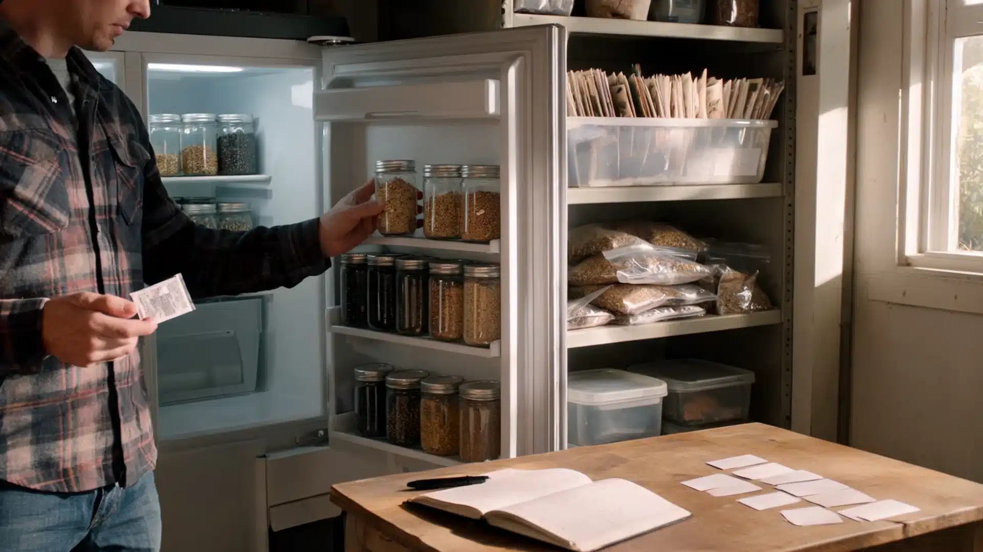 gardener organizing seed jars and containers inside cool storage with labels and moisture control