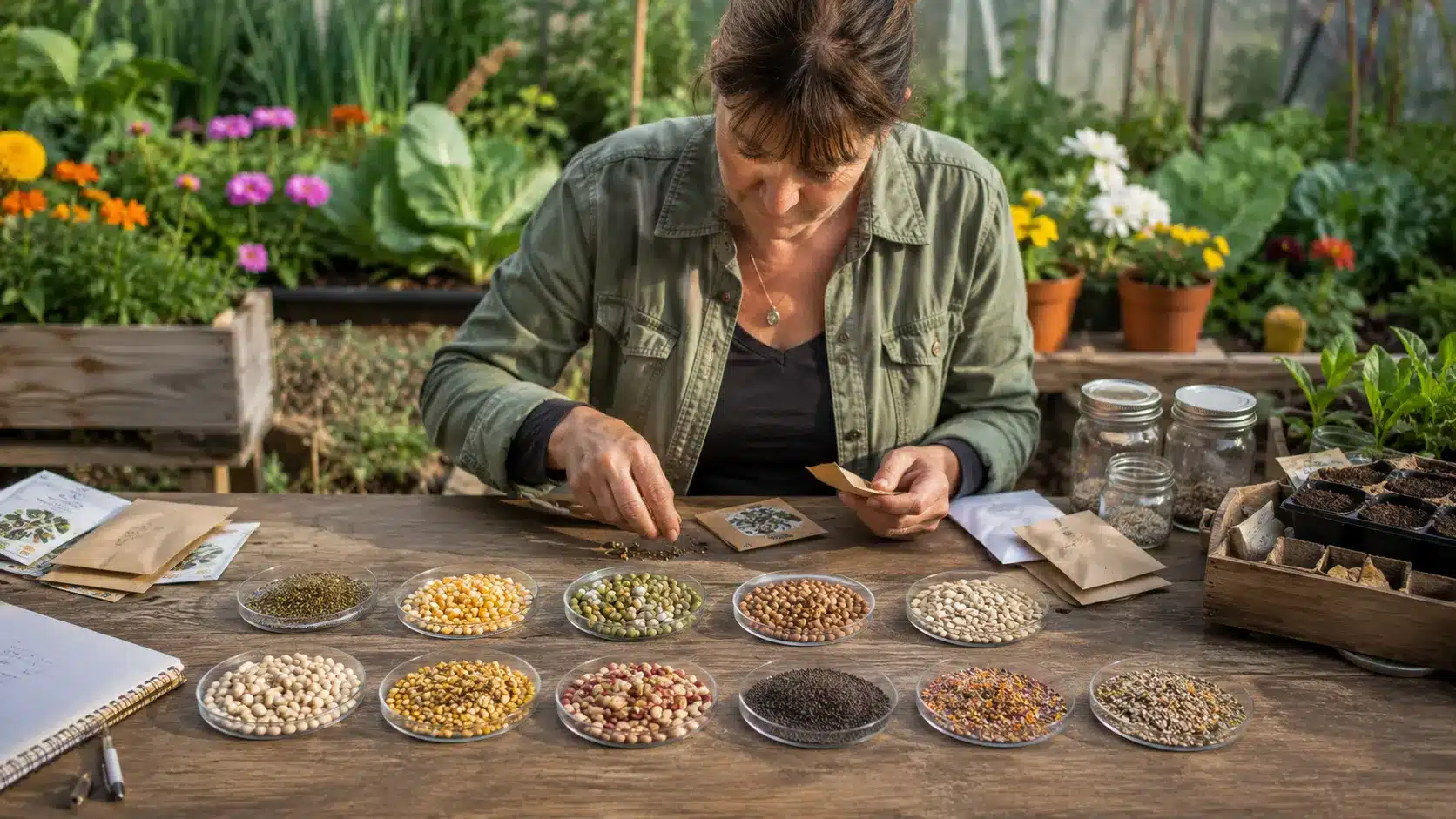 gardener organizing diverse seed varieties on a table surrounded by vegetables, flowers, and seedlings