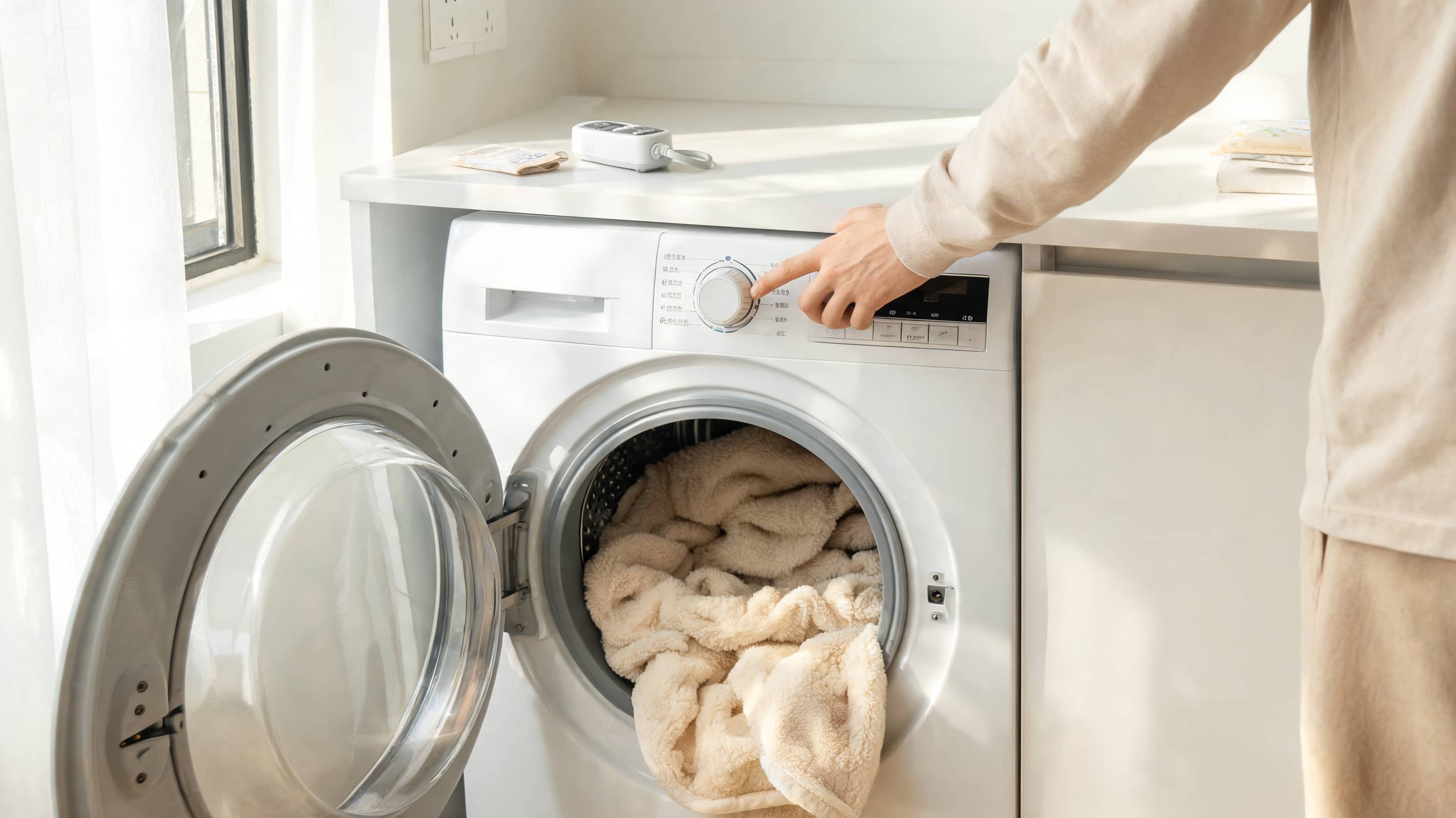 person turning washer dial to delicate while a heated blanket sits loosely inside the open drum
