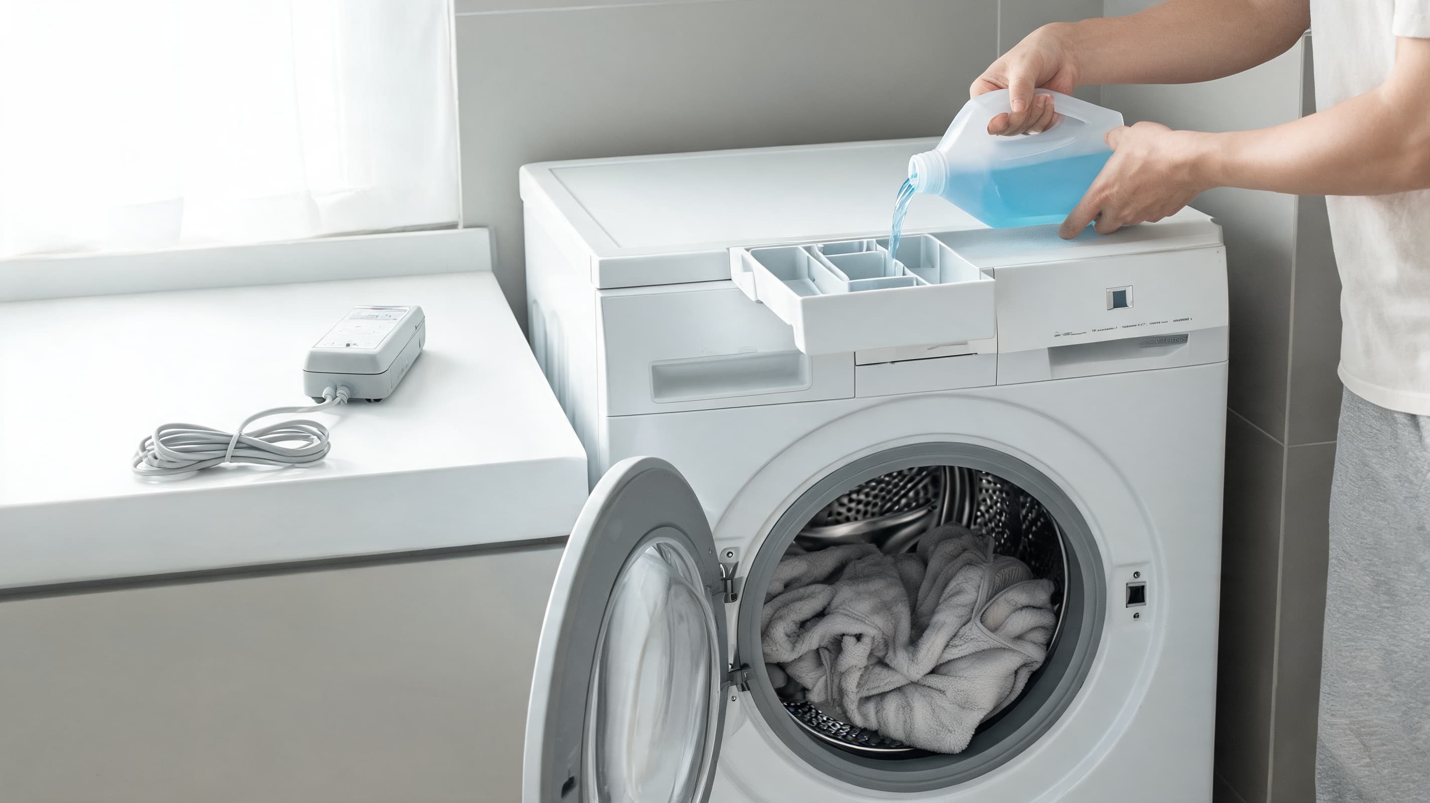 mild detergent being poured into a washer while a heated blanket sits loosely inside the drum