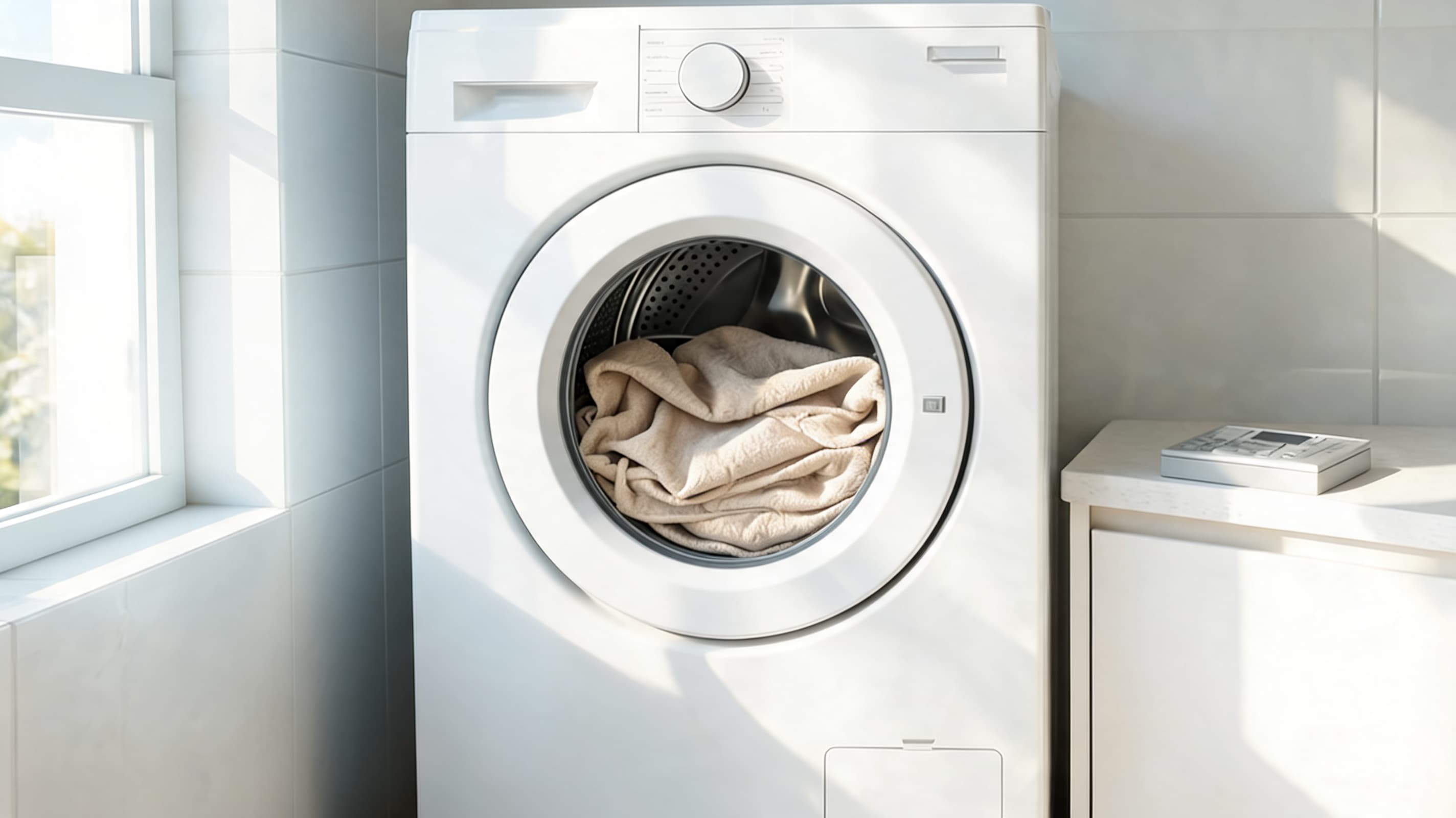 heated blanket visible alone through a closed washer door with no heavy laundry inside