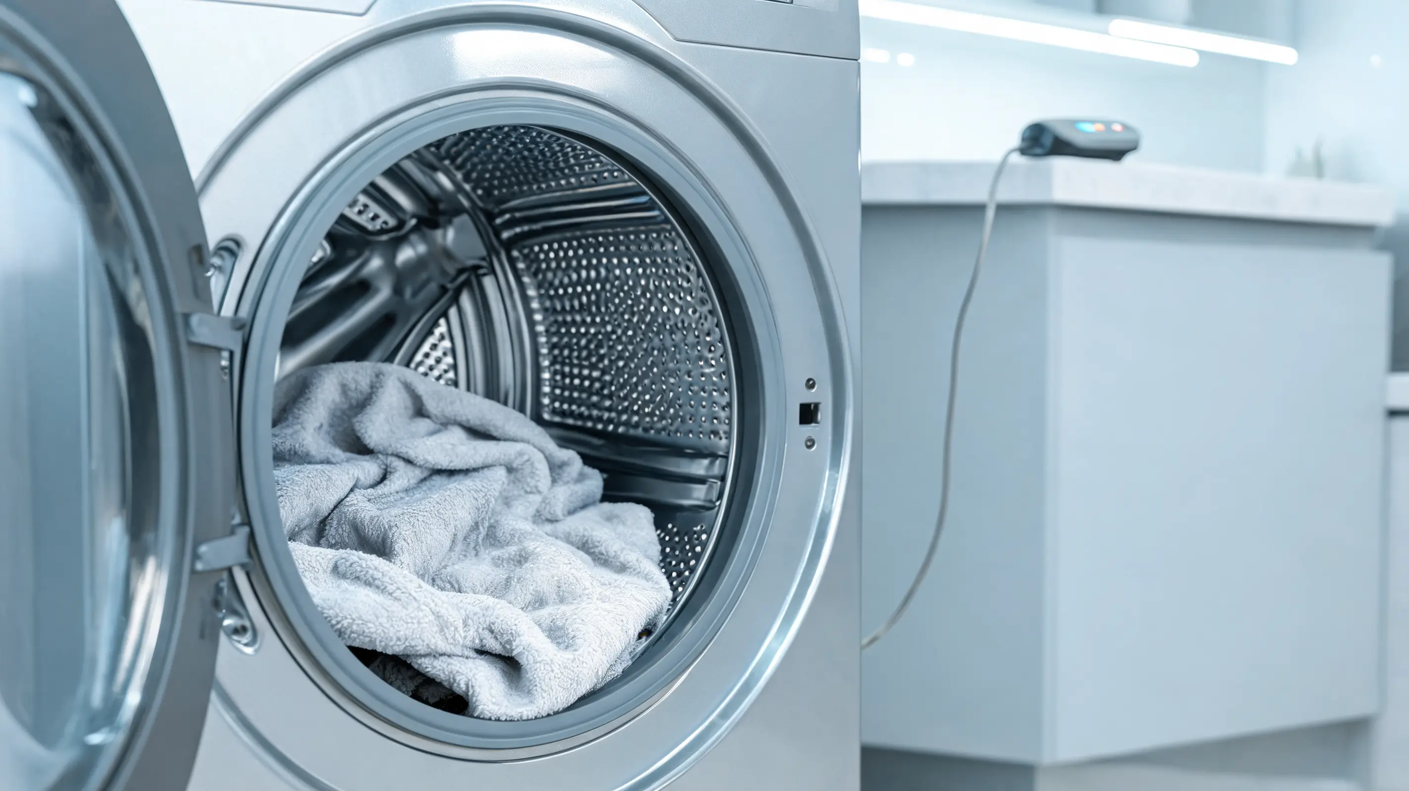 roomy washing machine with a heated blanket placed loosely to prevent twisting wires