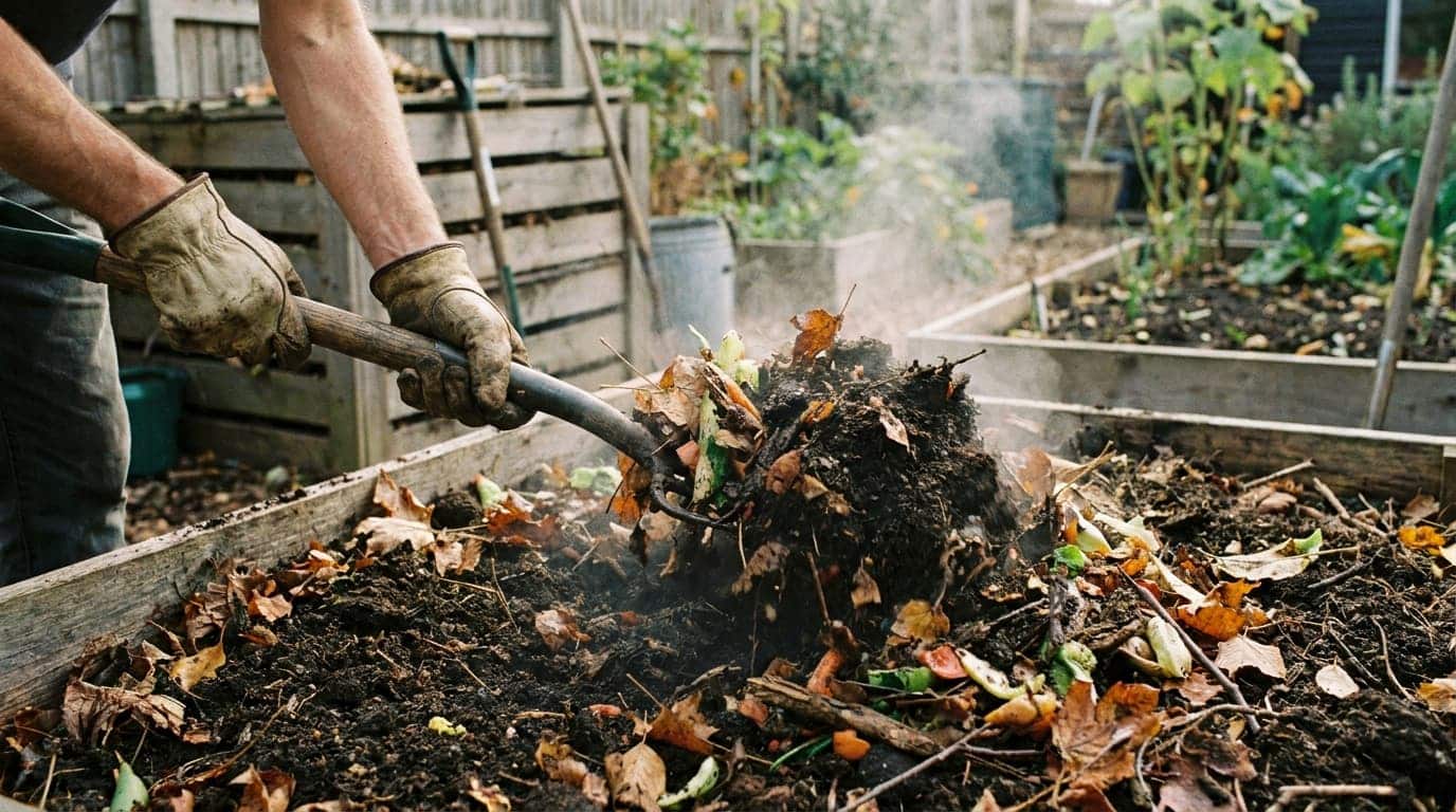 gardener turning compost with a fork to add air and mix organic materials