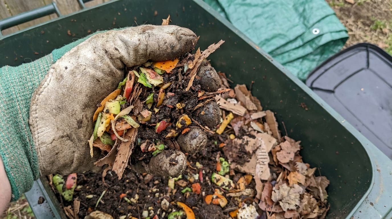 gloved hand checking damp compost with chopped scraps dry leaves and cover nearby