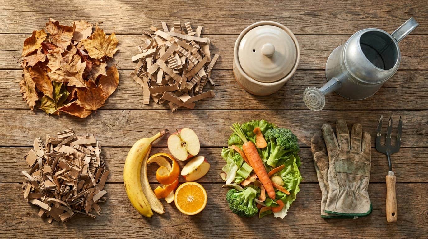 composting materials with scraps dry leaves cardboard gloves water and garden fork