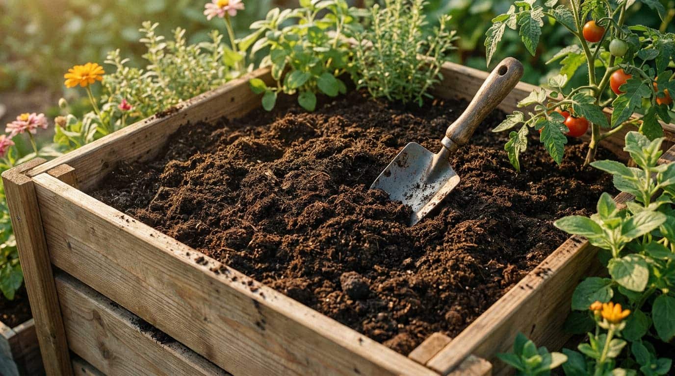 finished dark crumbly compost in a bin with a trowel and healthy plants nearby
