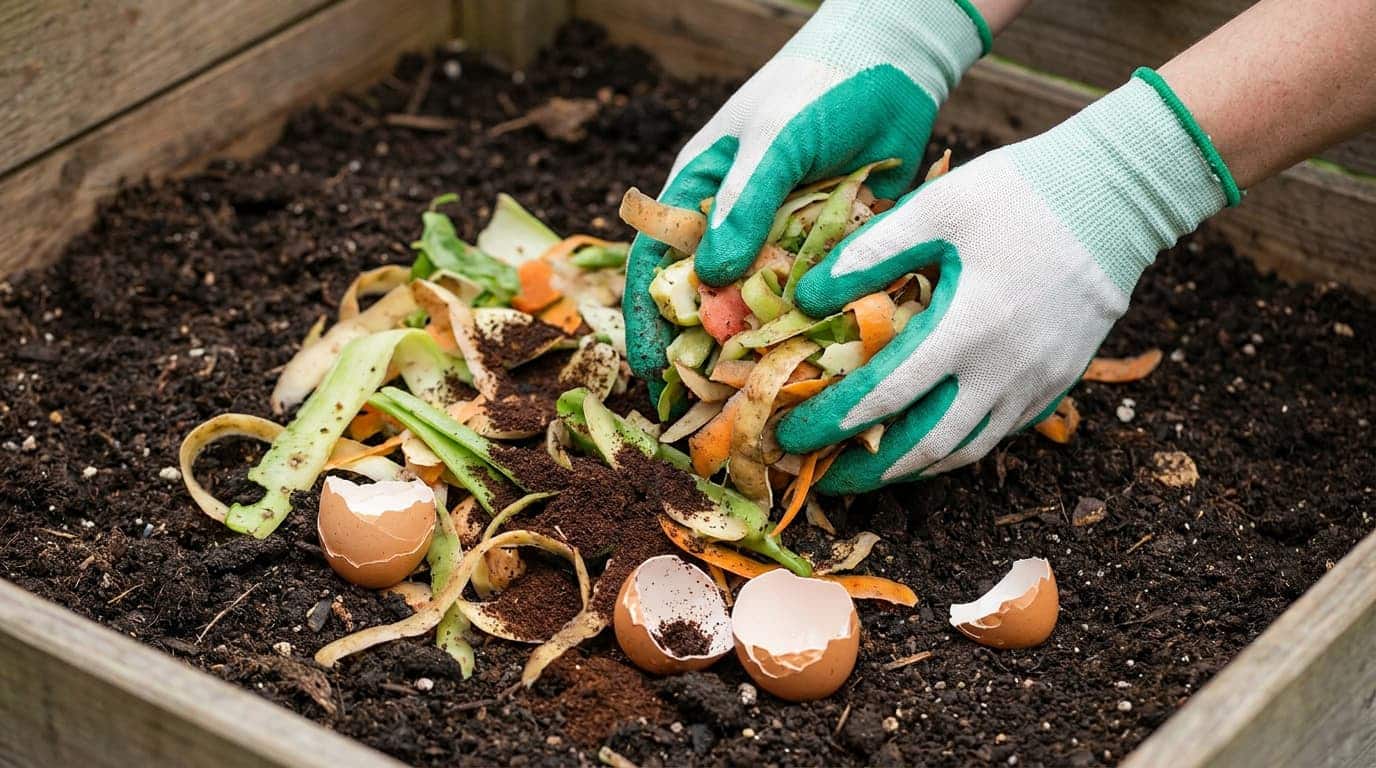 fresh kitchen scraps added to the center of compost and covered with dry browns