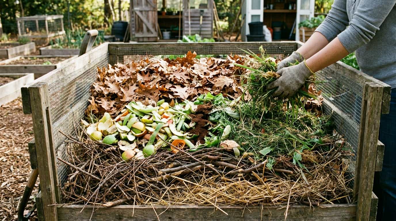compost bin with twigs straw green scraps and brown leaves layered inside