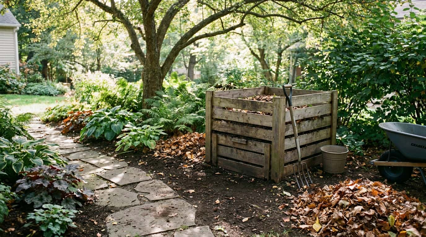 compost bin placed in a shady garden corner with soil contact and nearby plants