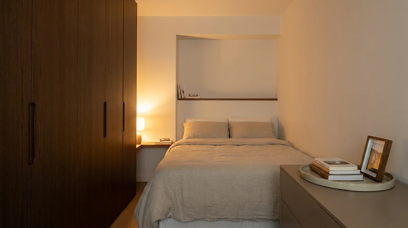 how to decorate a small bedroom with a cozy bed nook, full wardrobe wall, and slim bedside ledge