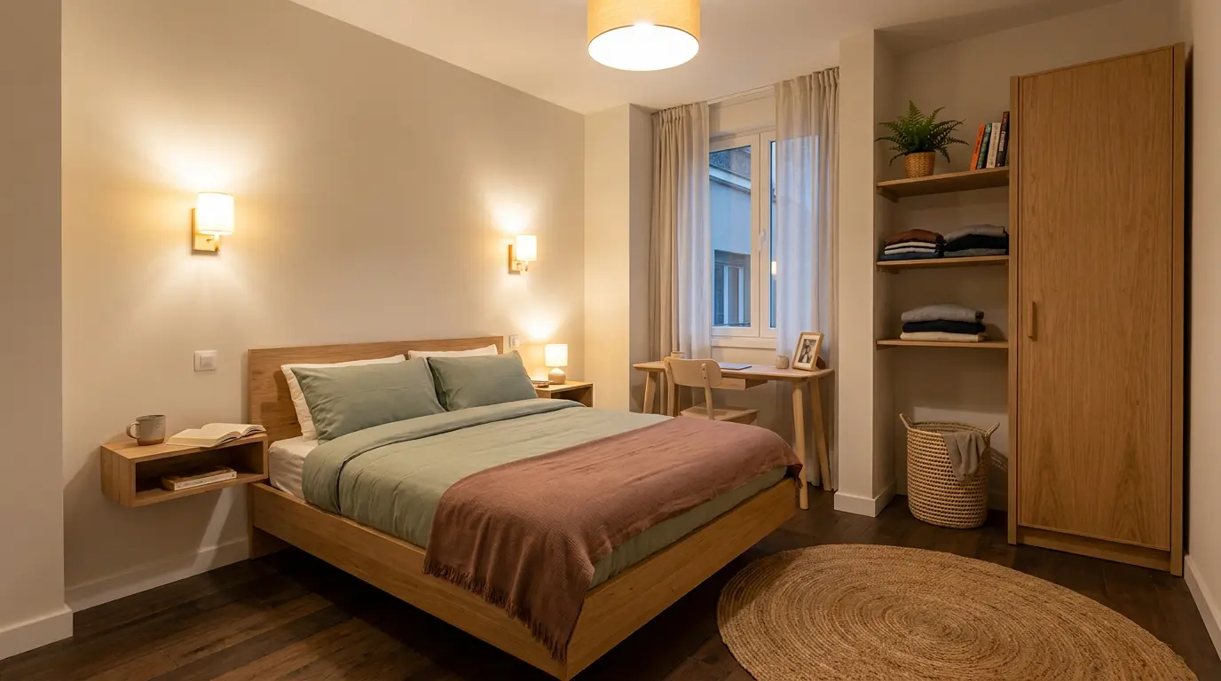 how to decorate a small bedroom by planning bed placement, lighting, storage, colors, and decor first